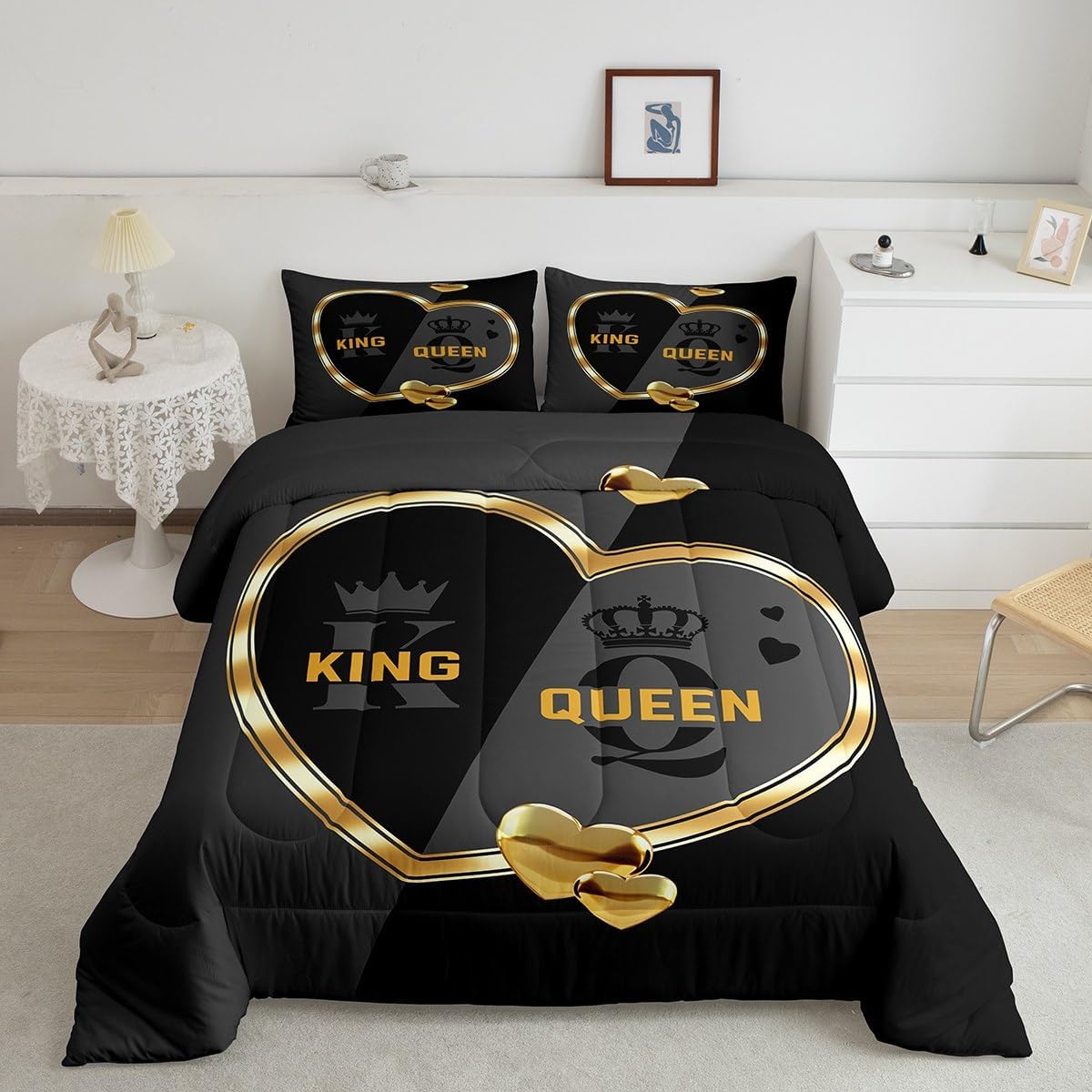Erosebridal King and Queen Crown Comforter Set Romantic Gold White Loving Heart Full Bed Set,Couple Lover Gray and Black Comforter,Wedding Duvet Insert for Adults Men Women Bedroom Decor