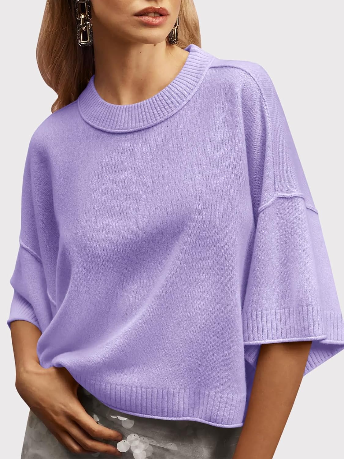  Womens Short Sleeve Sweater Oversized Cropped Sweaters Knit Top thumbnail