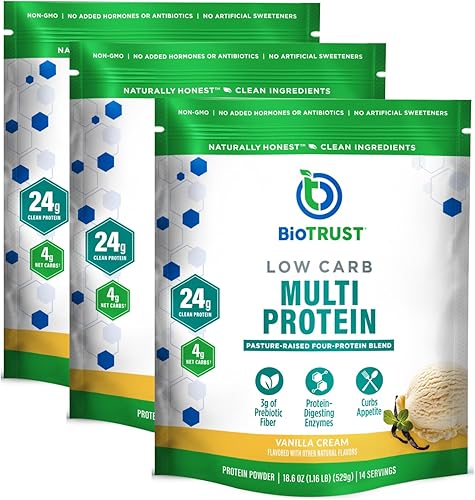 BioTrust Proteína en polvo baja en carbohidratos, mezcla natural y deliciosa de suero y caseína de vacas alimentadas con pasto, sin OMG, sin soja,