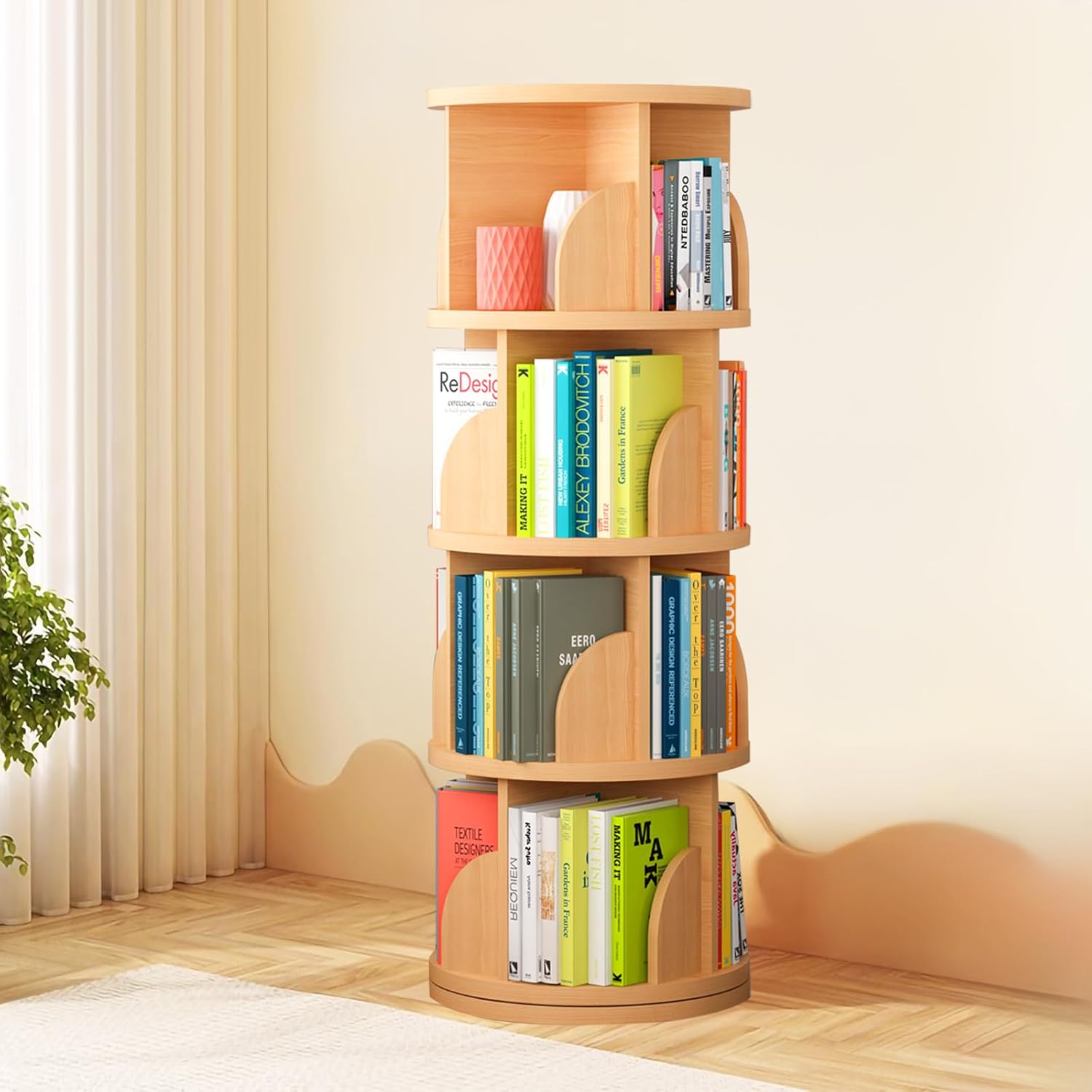 jaheli Rotating Bookshelf Tower, Spinning Bookshelf with 360° Rotation, 4 Tier Wooden Rotating Book Shelf for Kids Rooms, Living Room, Office (Wood Color, 4 Tier)
