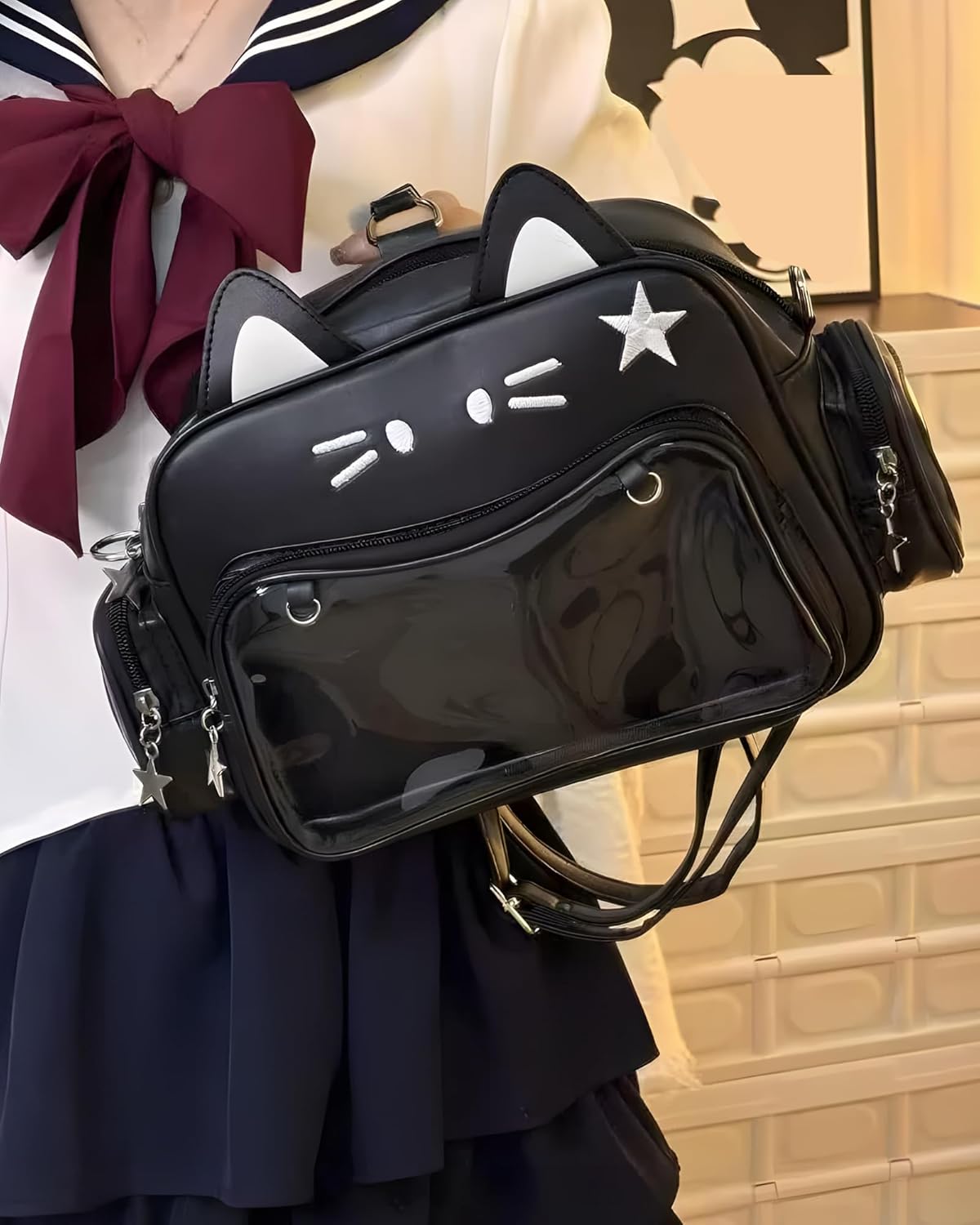 Cute Cat Ita Bag Pin Display Backpack,Shoulder Crossbody,Multi-Purpose, Kawaii Purse with Insert,PU Leather, for Kpop Fan Anime (Pins NOT Included) (Black) - Image 6