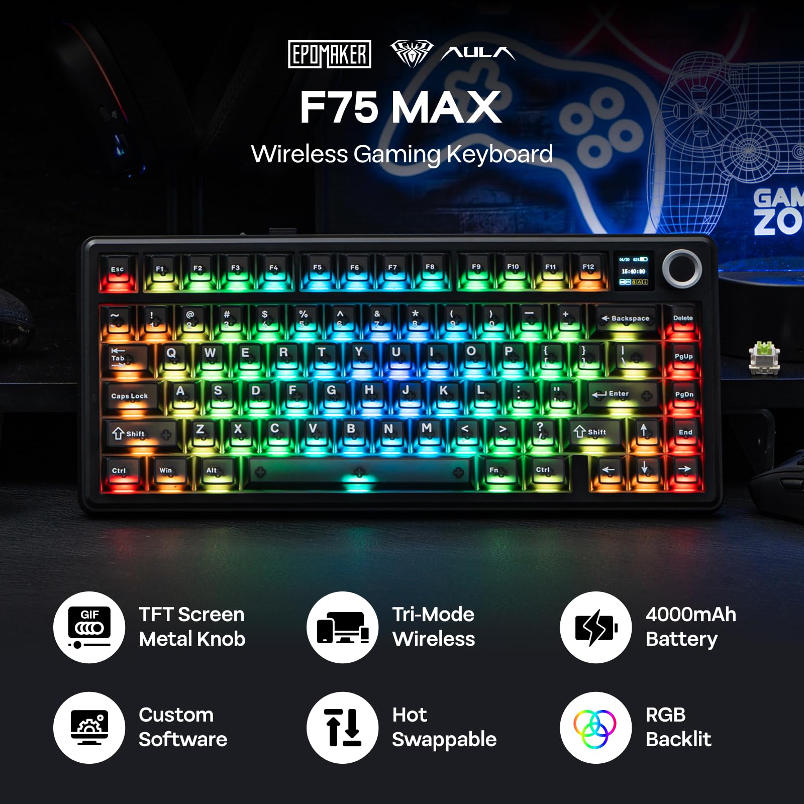 Amazon | EPOMAKER X Aula F75 MAX ワイヤレスメカニカルキーボードTFT