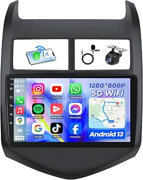 9" Car Radio Stereo for 2012-2016 Chevy Aveo Sonic 1280 * 800 HD IPS Touch Screen with Wireless CarPlay Android Auto 5G WiFi Bluetooth GPS FM SWC with 1080P Backup Camera