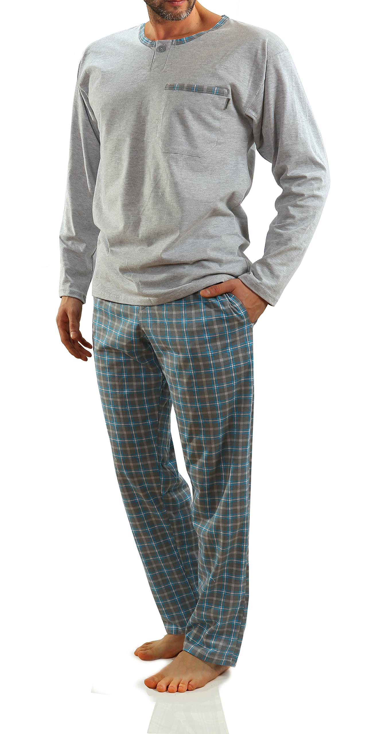 Sesto Senso Pijama Hombre Largo Algodon Inverno Clásico 2 Piezas Ropa De Dormir Conjunto Camisa Manga Larga Pantalones Largos