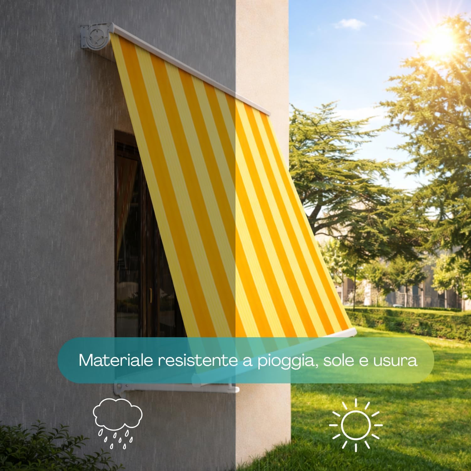Paluplus Tenda da Sole a Caduta Cassonata Giallo e Bianco, Misura 301x250 cm, con Cassone di protezione e Braccetti Fermatenda, Telo Resistente 280 g/m², per Balcone e Terrazzo -5402F -9,3