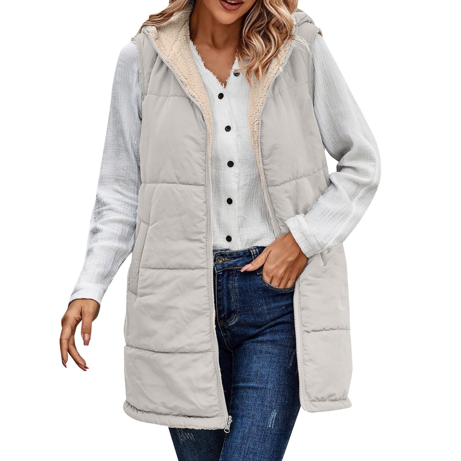 Chaleco de invierno para mujer, largo con capucha, chaleco de forro polar para mujer, sin mangas, con cremallera, chaleco con capucha, con bolsillos, chaleco acolchado de tallas grandes, chaqueta de