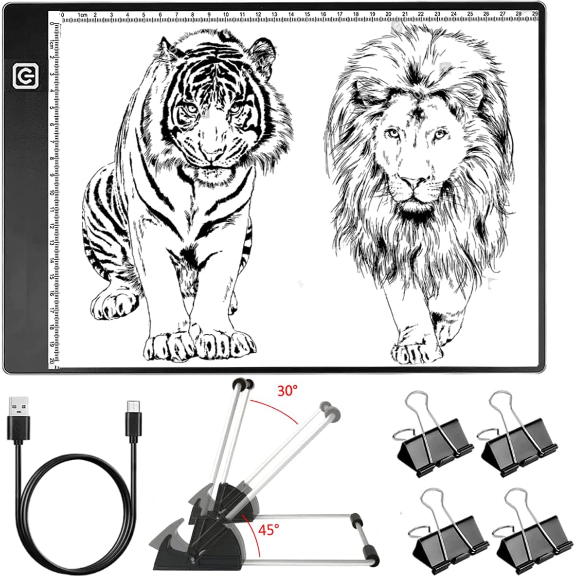 Femont Portable A4 LED Tracing Light Box with Scale,Art Light Pad Light Table with Detachable Stand&4Clips,Adjustable Brightness,USB Power,Ultra-Thin Copy Board for Diamond Painting Drawing Sketching