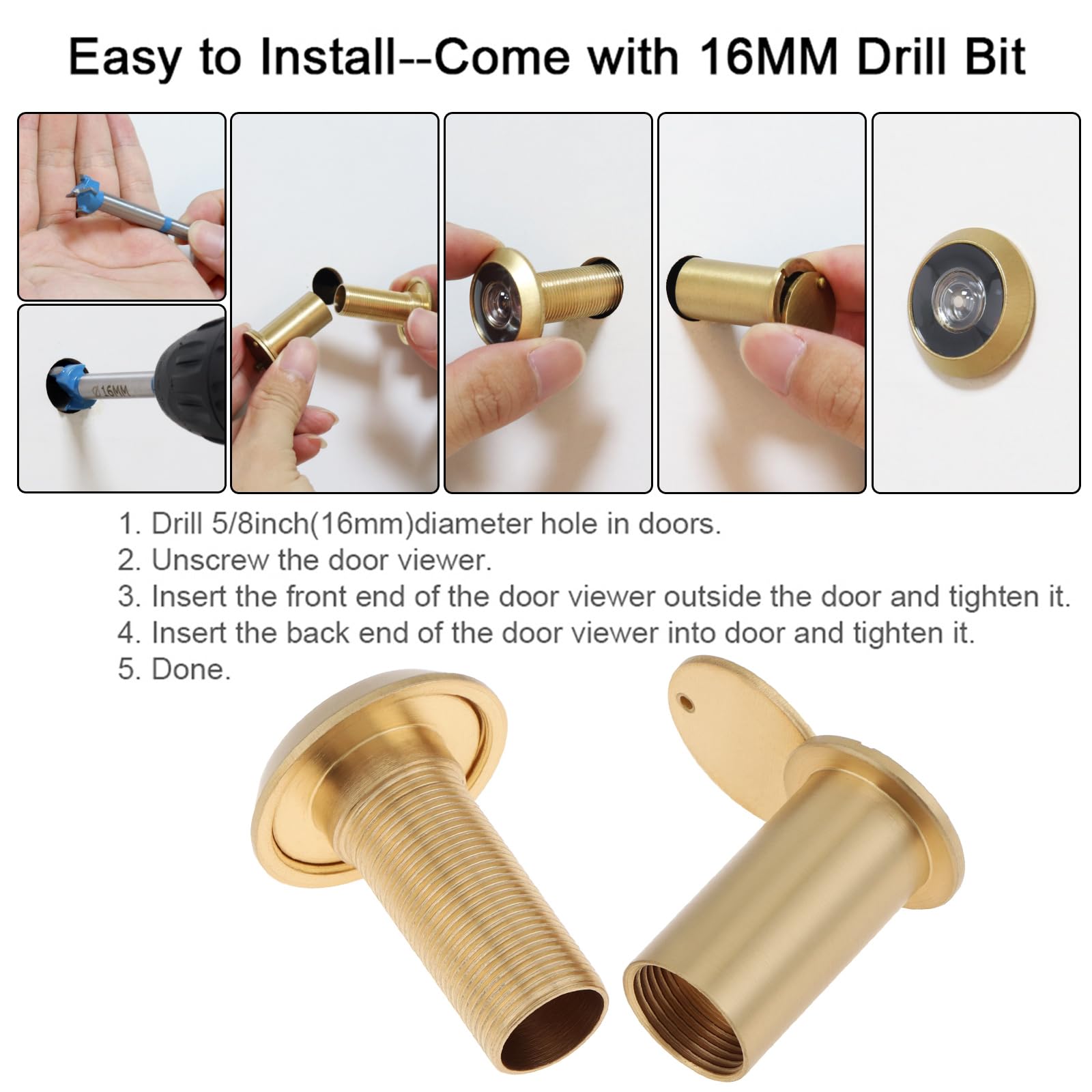Türspion Guckloch, Guckloch mit 16 mm Bohrer für 3,8 cm bis 2-3/8 Zoll Türen, 200 Grad breiter Betrachtungswinkel, Türspion für Haustür mit Sichtschutz, Goldfarben