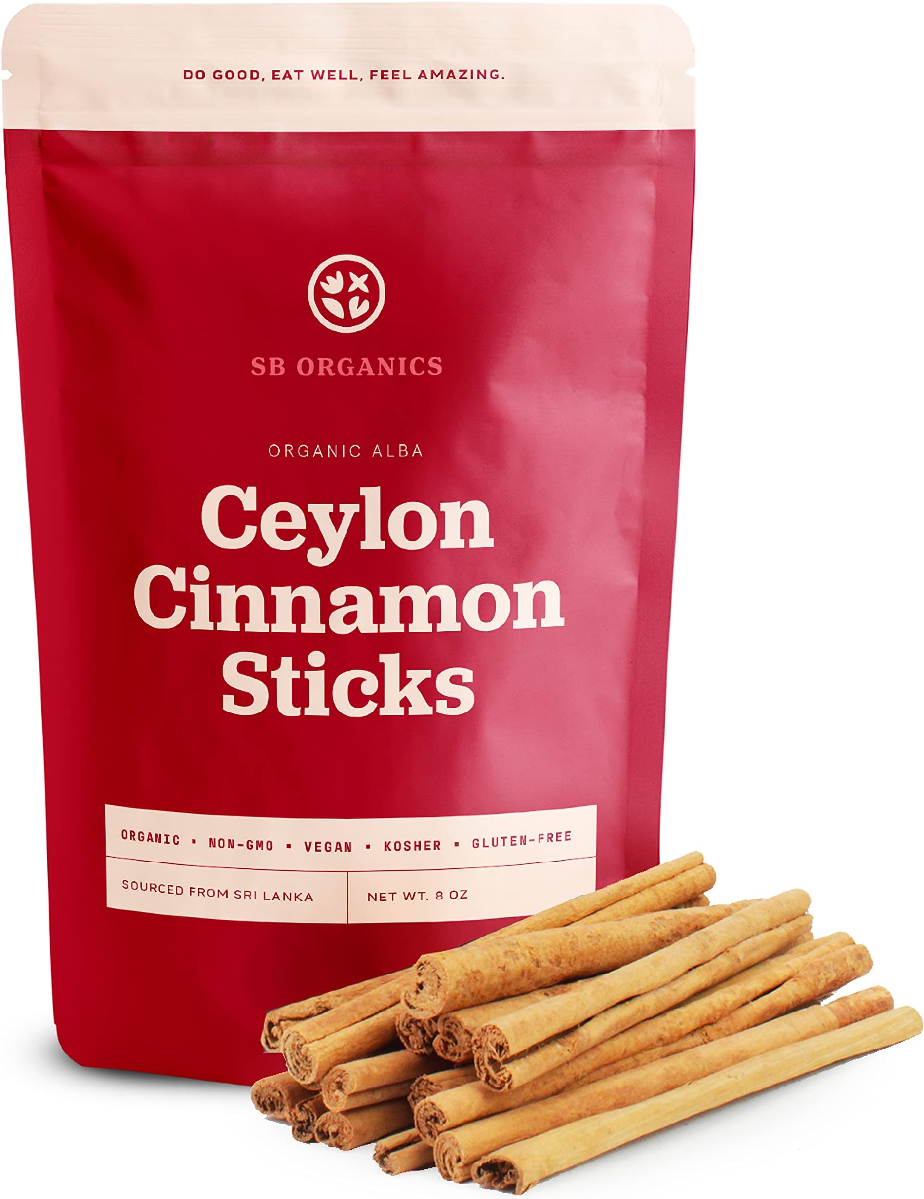 Sun Bay Foods Ceylon Cinnamon Sticks - 8 oz Bag of Organic Alba Grade Non-GMO Vegan True Cinnamon Stick from Sri Lanka - Free of Gluten, Dairy, and Soy