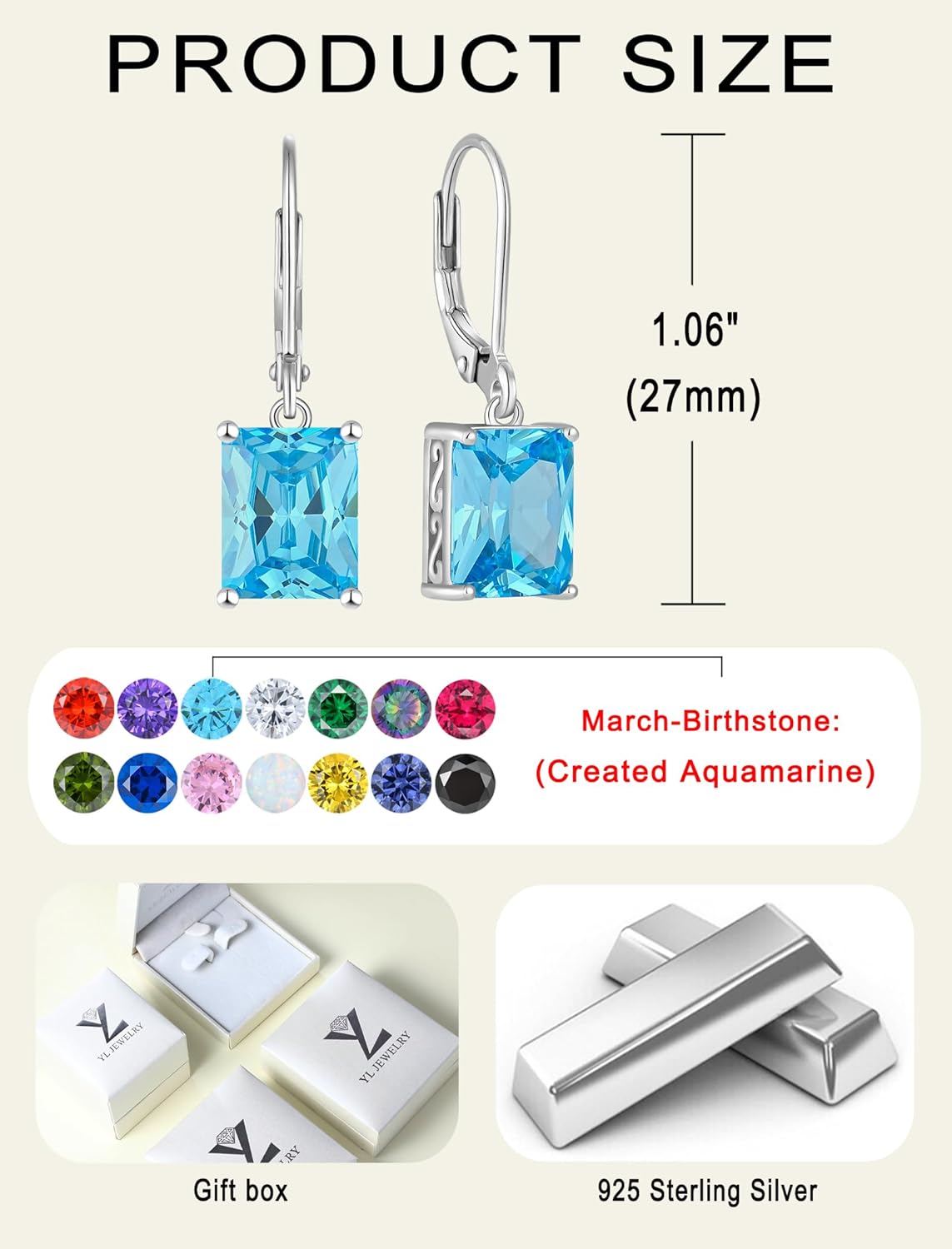 YL Solitaire Dangle Drop Earrings 925 Sterling Silver Leverback Earrings 8X10MM Square Birthstone Jewelry