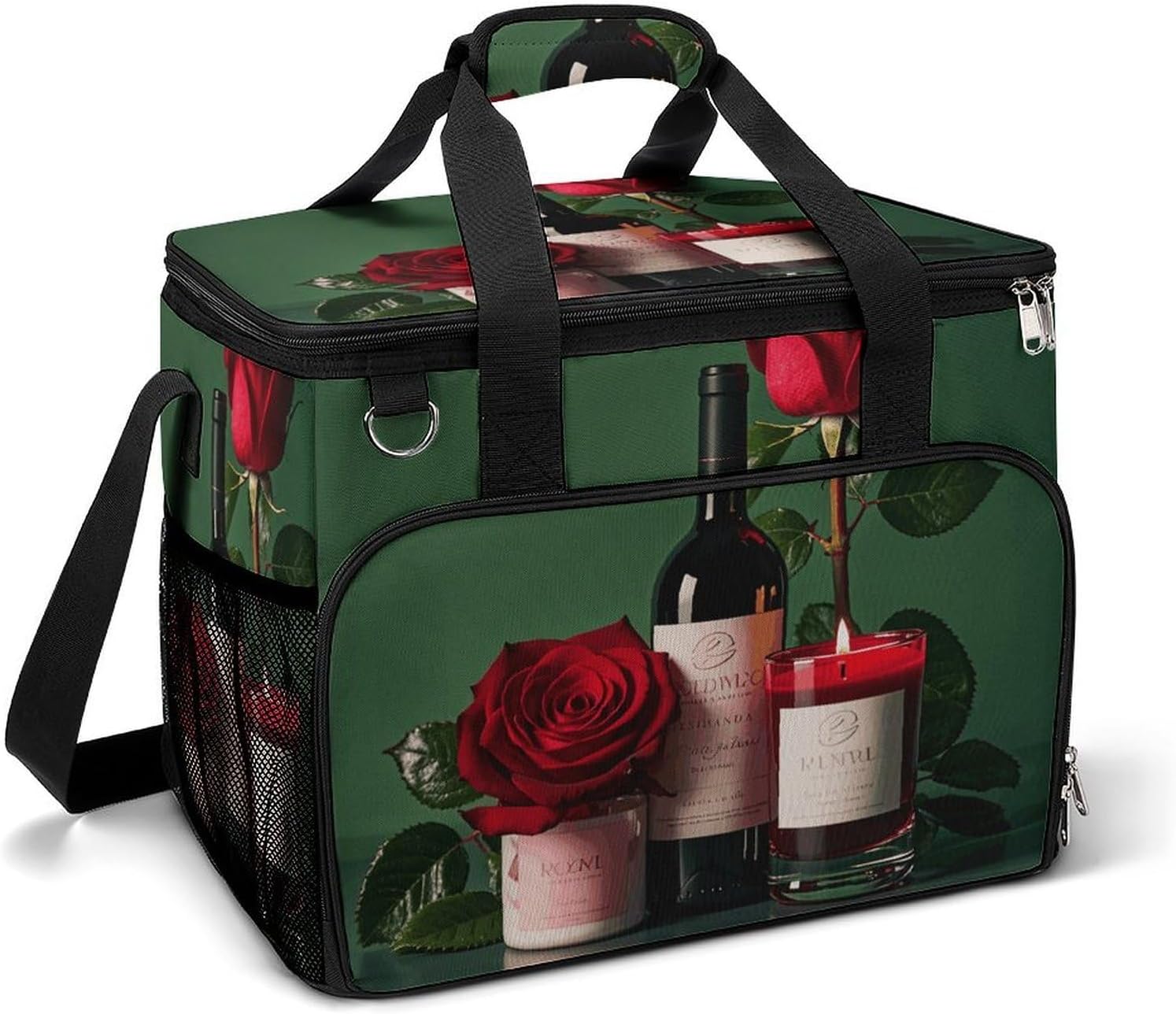 Insulated Picnic Backpack Tote Bag, Large Capacity 30L Red Wine Rose and Candle Cooler Bag Leakproof Beach Bags Portable Lunch Box Waterproof Picnic Basket for Beach Camping BBQ