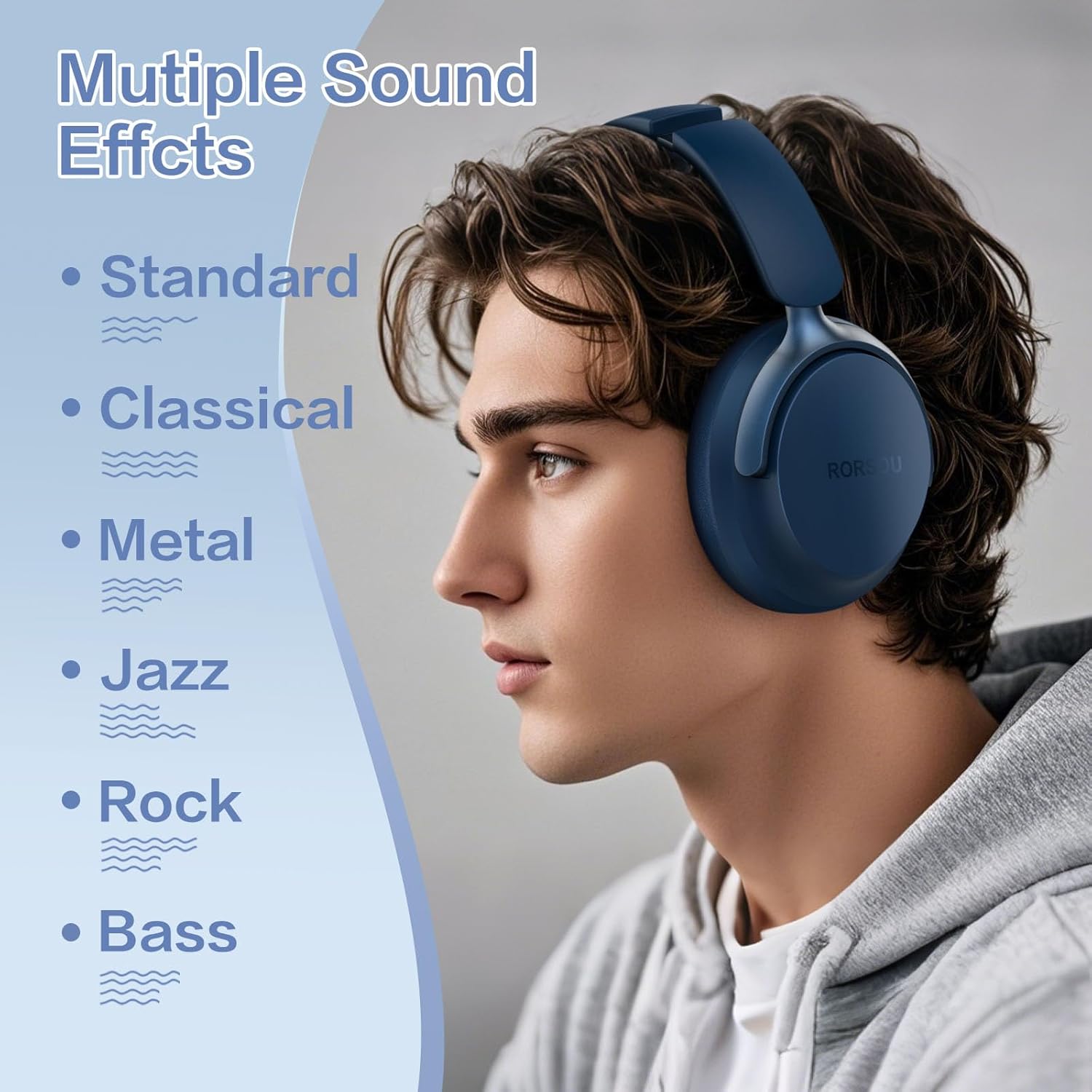 RORSOU B8 Bluetooth Headphones Over Ear, 6 EQ Music Modes and 50H Playtime Deep Bass Wireless Headphones with Mic, Lightweight Folding HiFi Stereo Headset for iPad/Travel/Tablet/PC/Home Blue - Image 5