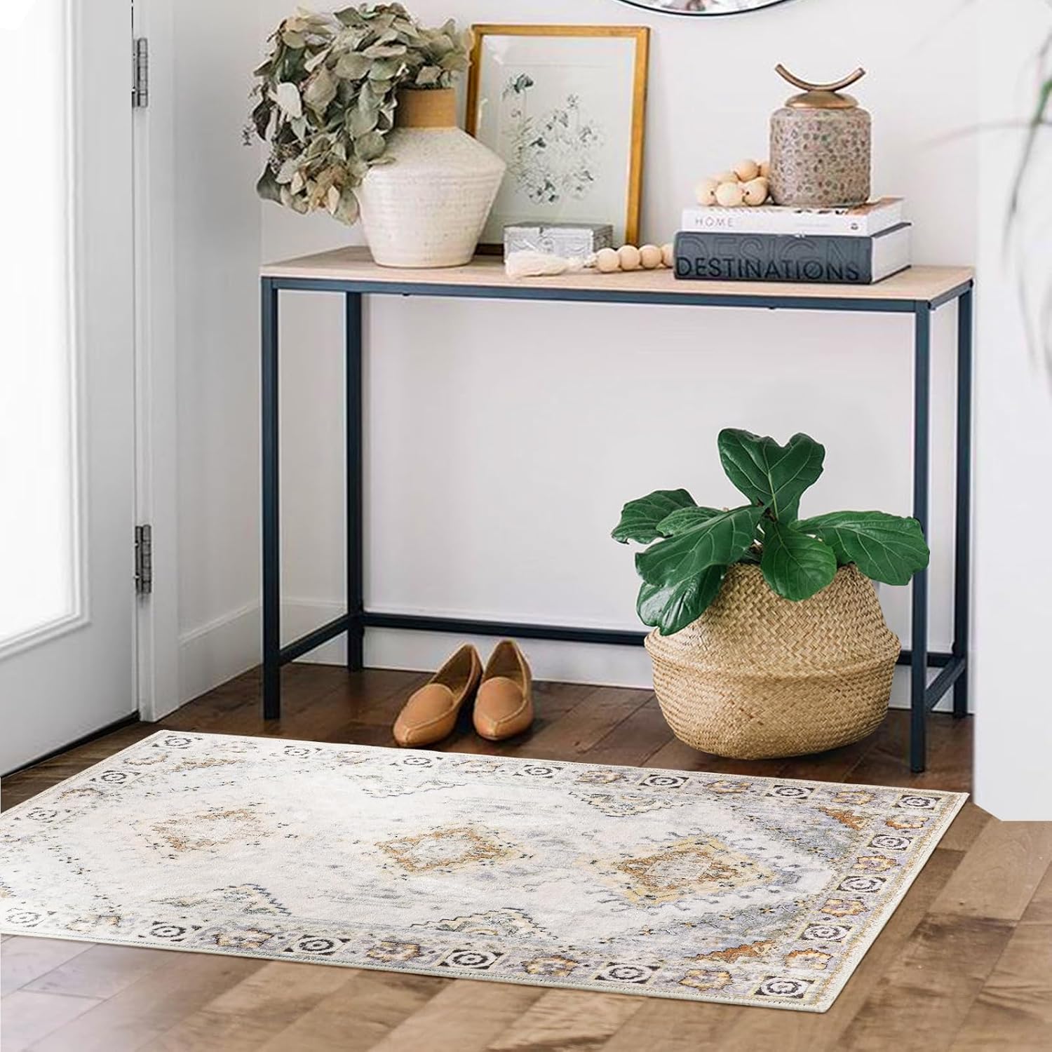 COMSLE Area Rug 2x3 Faux Wool Throw Rug for Entryway, Boho Washable Small Rugs Non-Slip Distressed Carpet Soft Accent Floor Rug for Indoor Entrance, Bedroom, Living Room, Kitchen (Khaki)