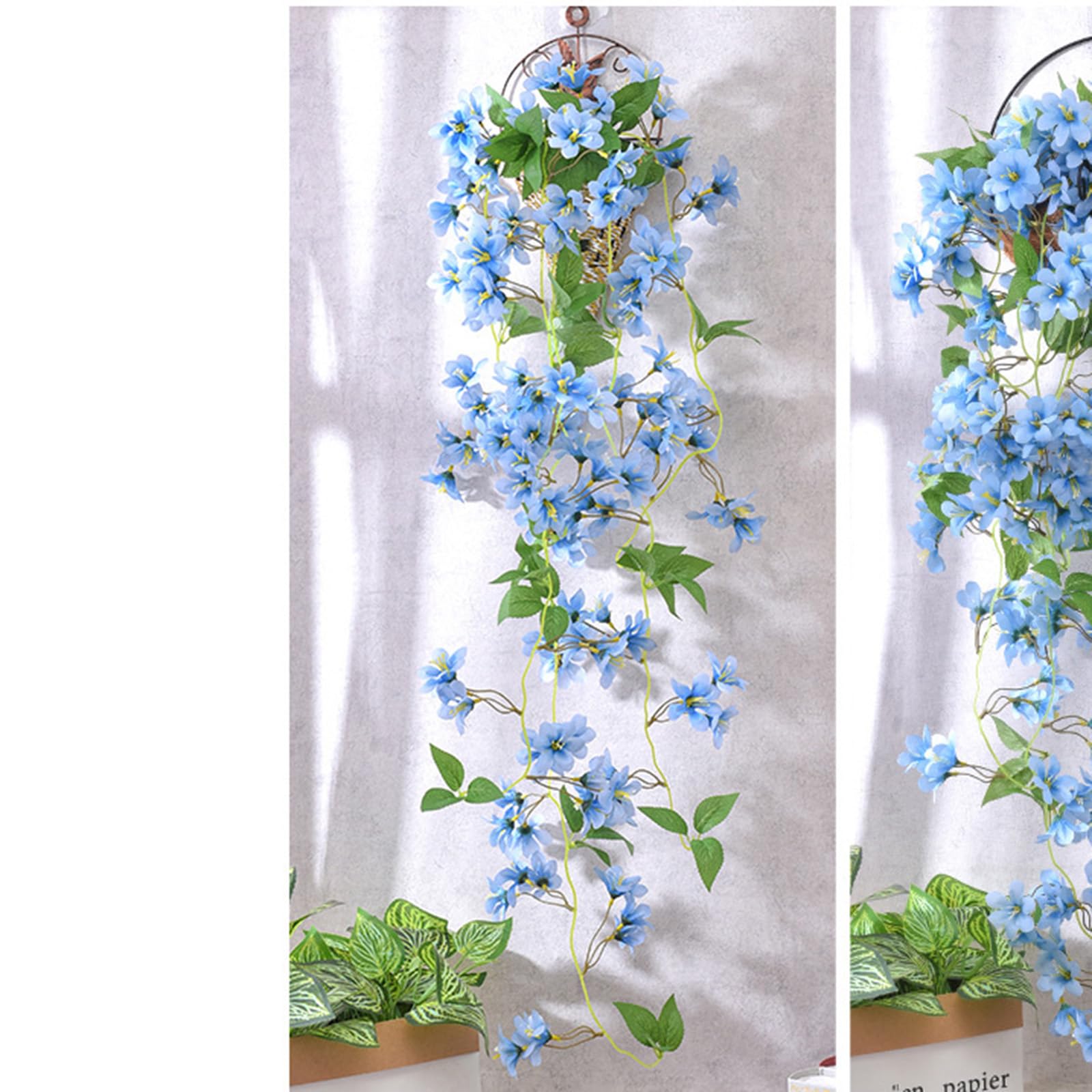 BBTISG Artificial Hanging Flowers, Fake Flowers Hanging Basket Plant Flower Hanging Plants Flower Bouquet for Garden Wall Outdoor Inside Decoration (Winter Jasmine Blue)