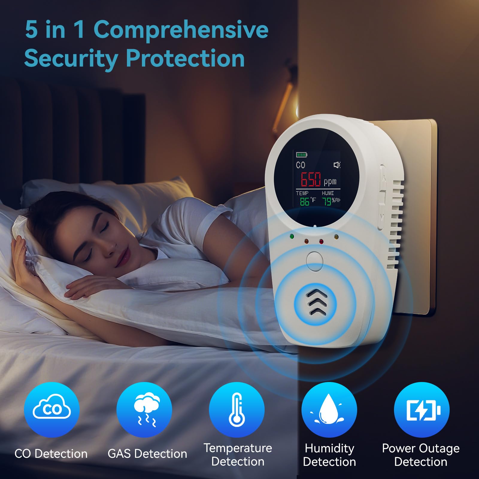 5-in-1 Carbon Monoxide Detectors,Plug-in Gas Detector with Rechargeable Backup Battery,Monitoring CO Natural Gas Temperature and Humidity Sound Light Alarm Detector,LCD Screen Brightness Adjustable - 3