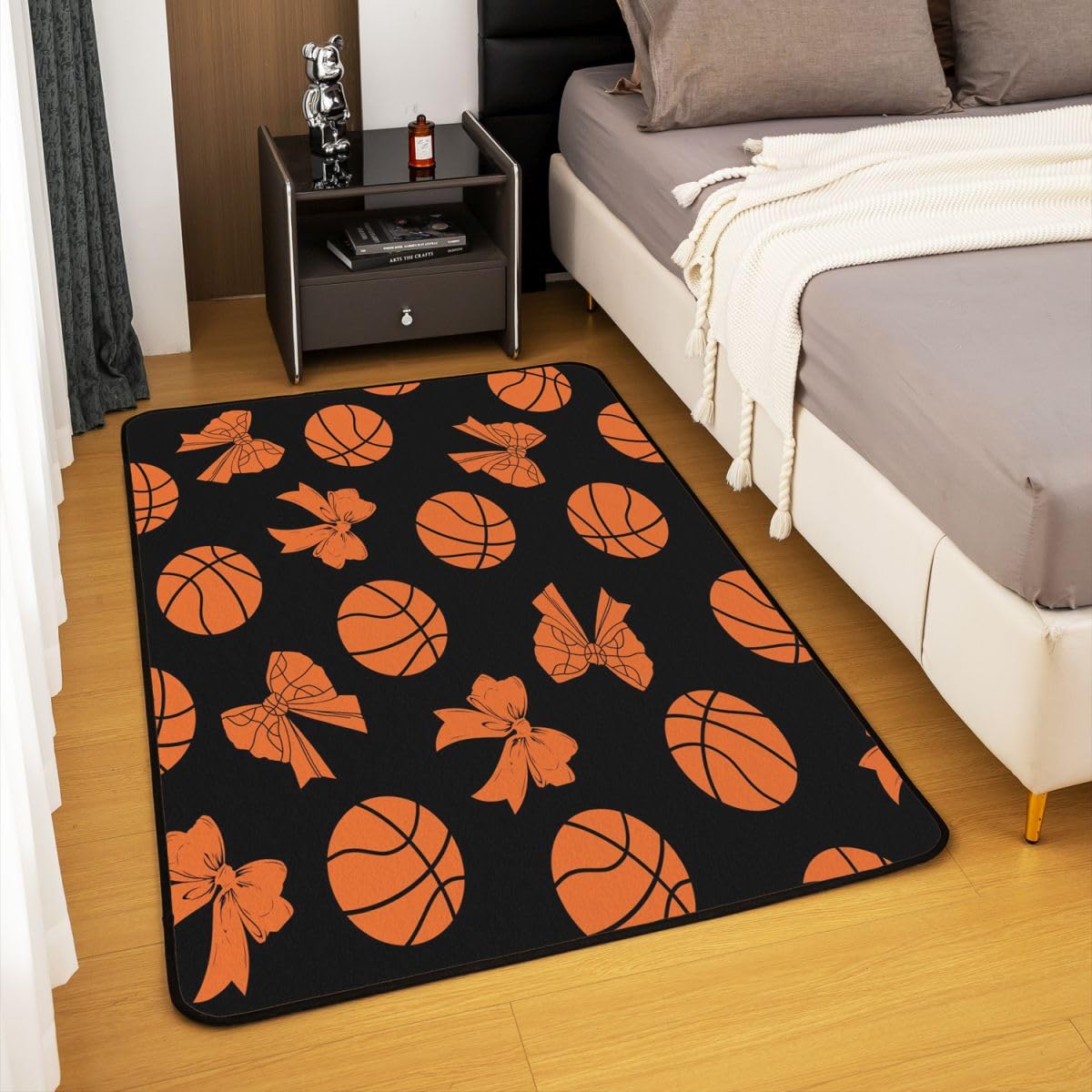 Loussiesd Dywan do koszykówki 150 x 200 cm poliester kokarda dywany do salonu do sypialni gier sport dekoracja dywan gry w piłkę czarna mata podłogowa do wnętrz prezent dla miłośnika koszykówki miękka