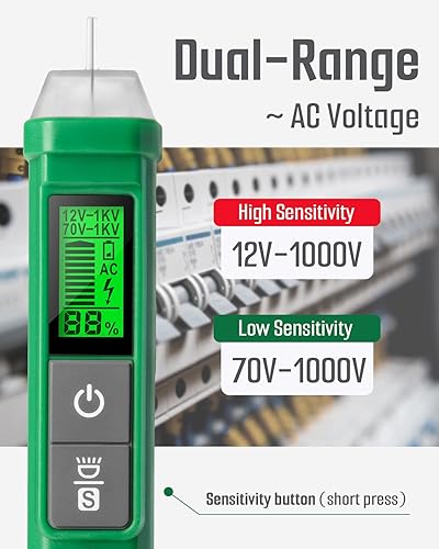 Miniatura 4 de Probador de voltaje, probador de voltaje sin contacto TESMEN TN-213, probador eléctrico, CA 12 V70 V-1000 V, rango doble, pantalla LCD en