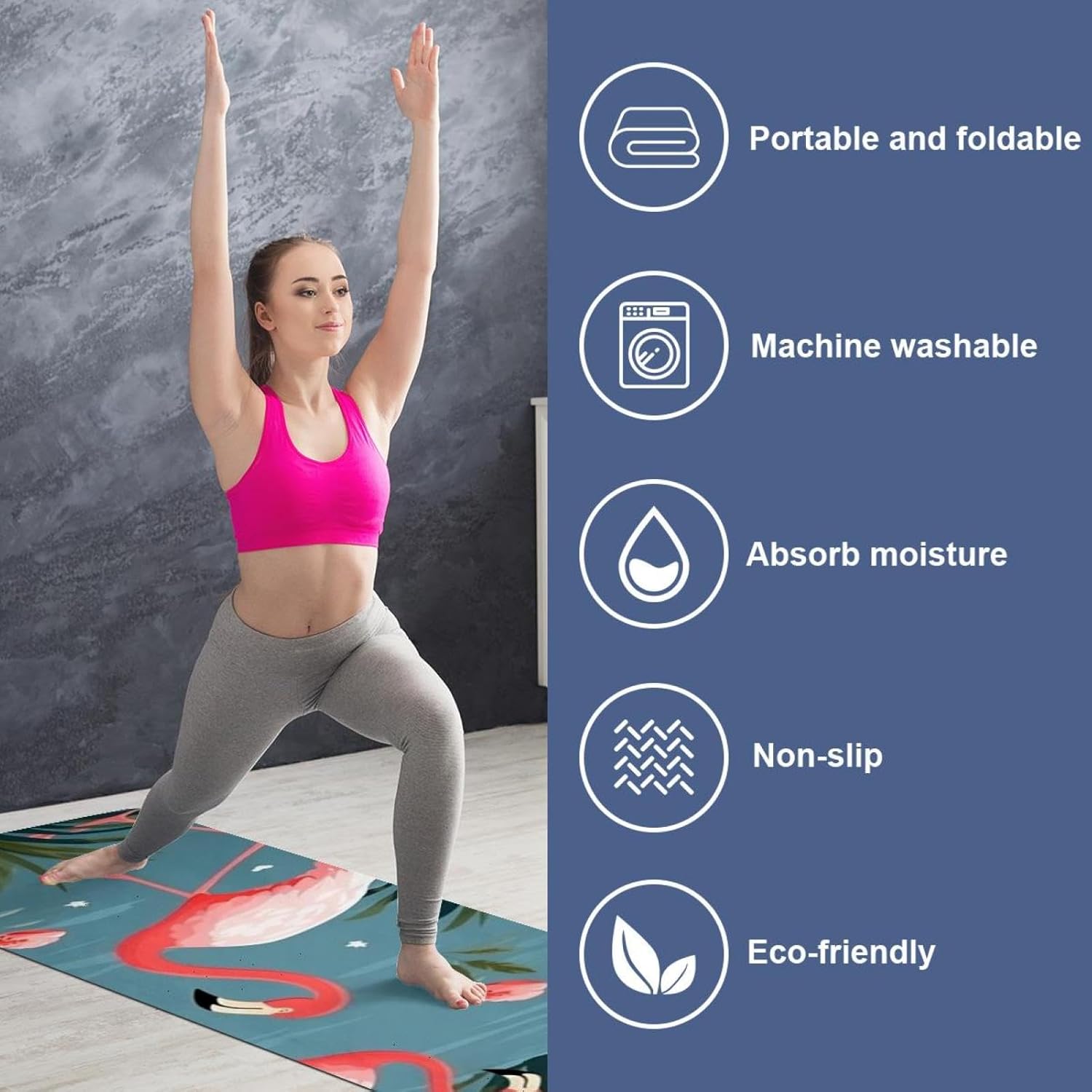 Yoga Towel, Tropical Flamingo Pattern Non Slip Sweat Absorbent Hot Yoga Mat Towel for Hot Yoga, Pilates and Fitness - 72.8" x 26.8"