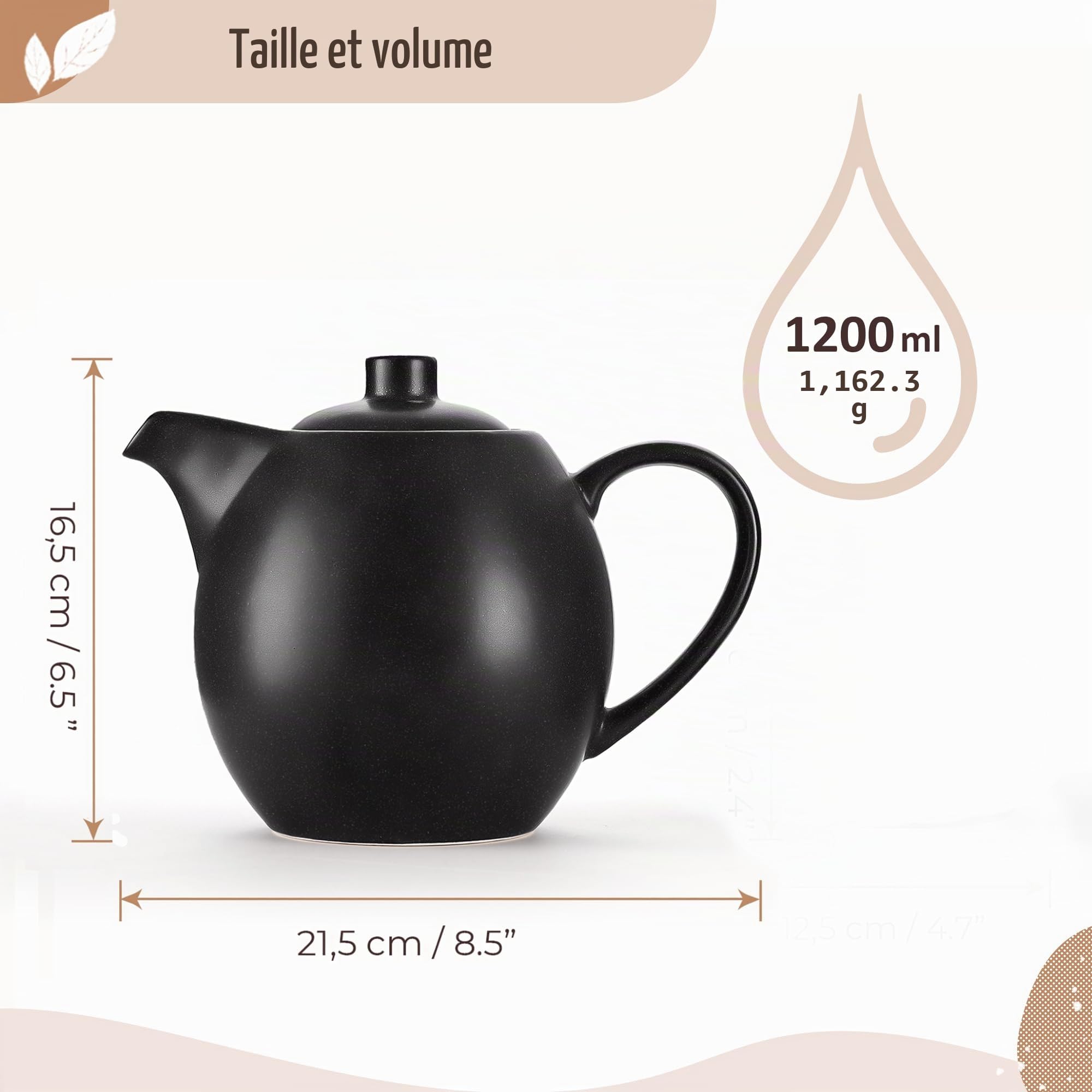 Théière en céramique avec infuseur - 1,2 l - Noir (anthracite) - Théière en céramique - Accessoire de thé pour thé en vrac