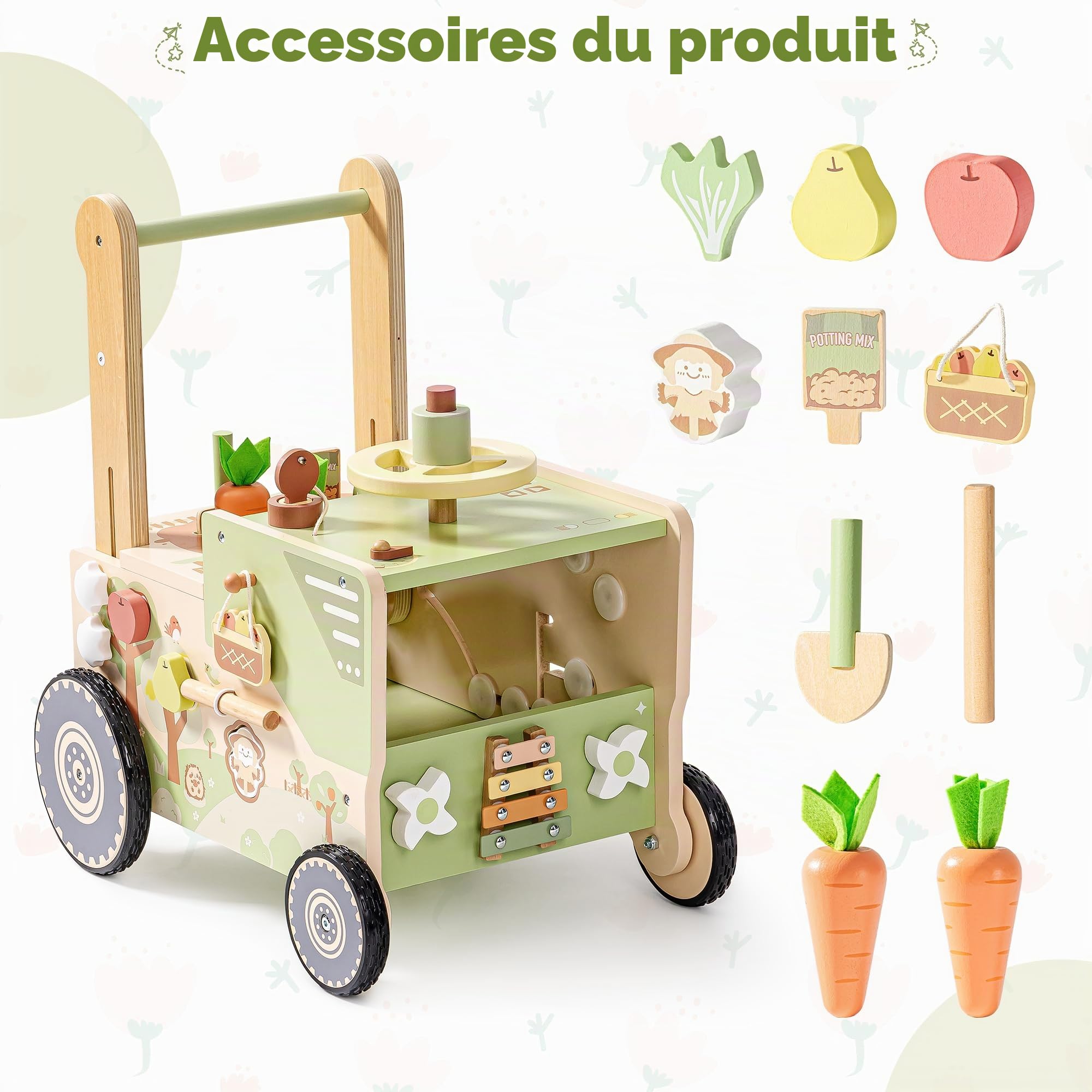 ROBUD Trotteur pour Bébé de 1 à 2 Ans, Trotteur En Bois à Roulettes Sur Le Thème De La Ferme, Jouet D'éveil Montessori Cadeau Pour Bébés de Plus 10 Mois (Vitesse Et Hauteur RéGlables)