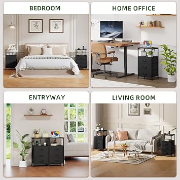Somdot Chest of Drawers, Charging Station & LED, 3 Drawers, Black | Small Bedside Table, Fabric Drawers, Adjustable LED Lighting, 2 AC Outlets, 2 USB Ports, Bedroom Cabinet, 30D x 40W x 72H