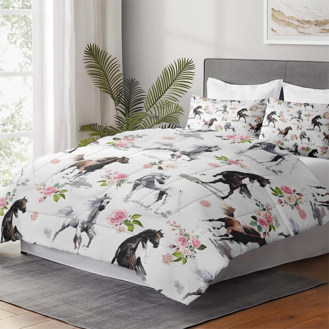 Twin Size Comforter Set with Pillowcase, Horses Soft 2 Pcs Bedding for Kids and Adults, Pink Rose Flower Comforter Set for Room Bedroom Bed Decor - Image 2