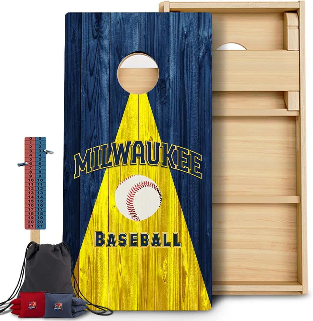 CornholeGamesUSA Pro Cornhole Boards Set | Made in USA | 3/4 Baltic Birch | No Bounce | Triple Thick Legs | Two Brace & Handles, Tournament 2x4 Regulation Set with Score Tower & Cornhole Bags