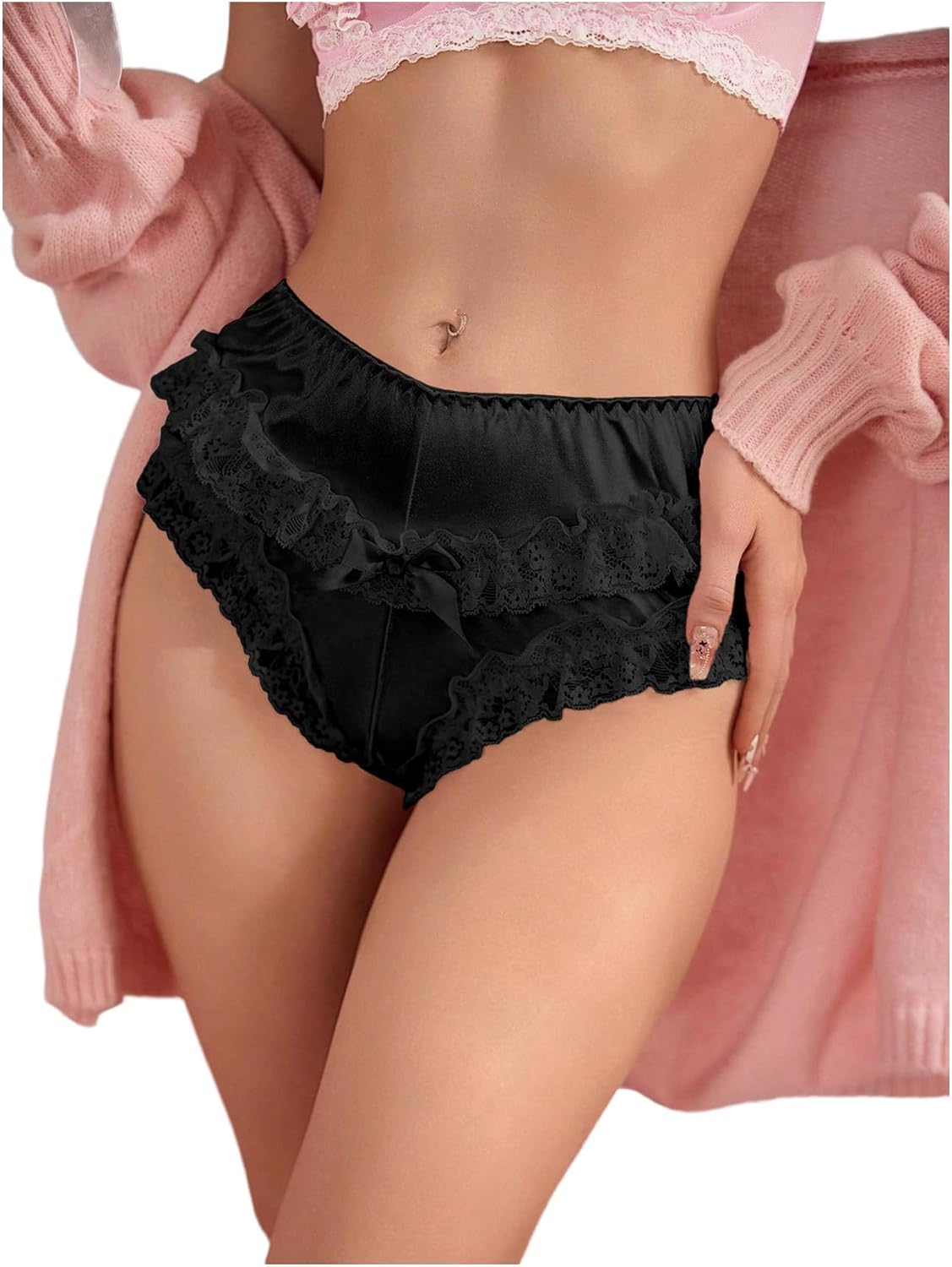 SHENHE Women's Satin Panty Ruffle Lace Trim Mid Rise Bow Underwear Silky Soft Brief - Image 5