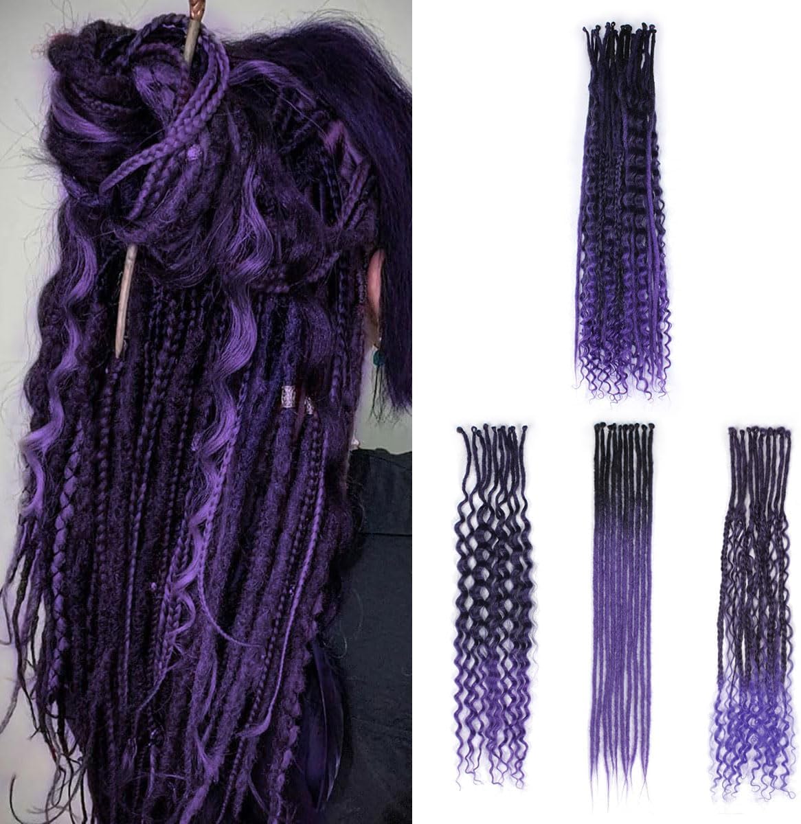 24in Single Ended 3 in 1 Dreadlock Extensions, 24in 30pcs Ombre Purple Mixed Dreads Extensions Set SE Dreads with Curly Dreadlocks for White Women