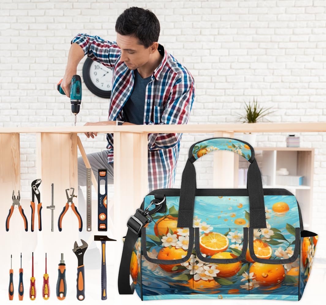 Orange Floral Water Heavy Duty Tool Bag 14.8 Inch for Men, Wide Mouth Garden Tool Storage Bag with Adjustable Shoulder Strap, 14 Pockets Tool Bag Organizer for Construction, Gardening