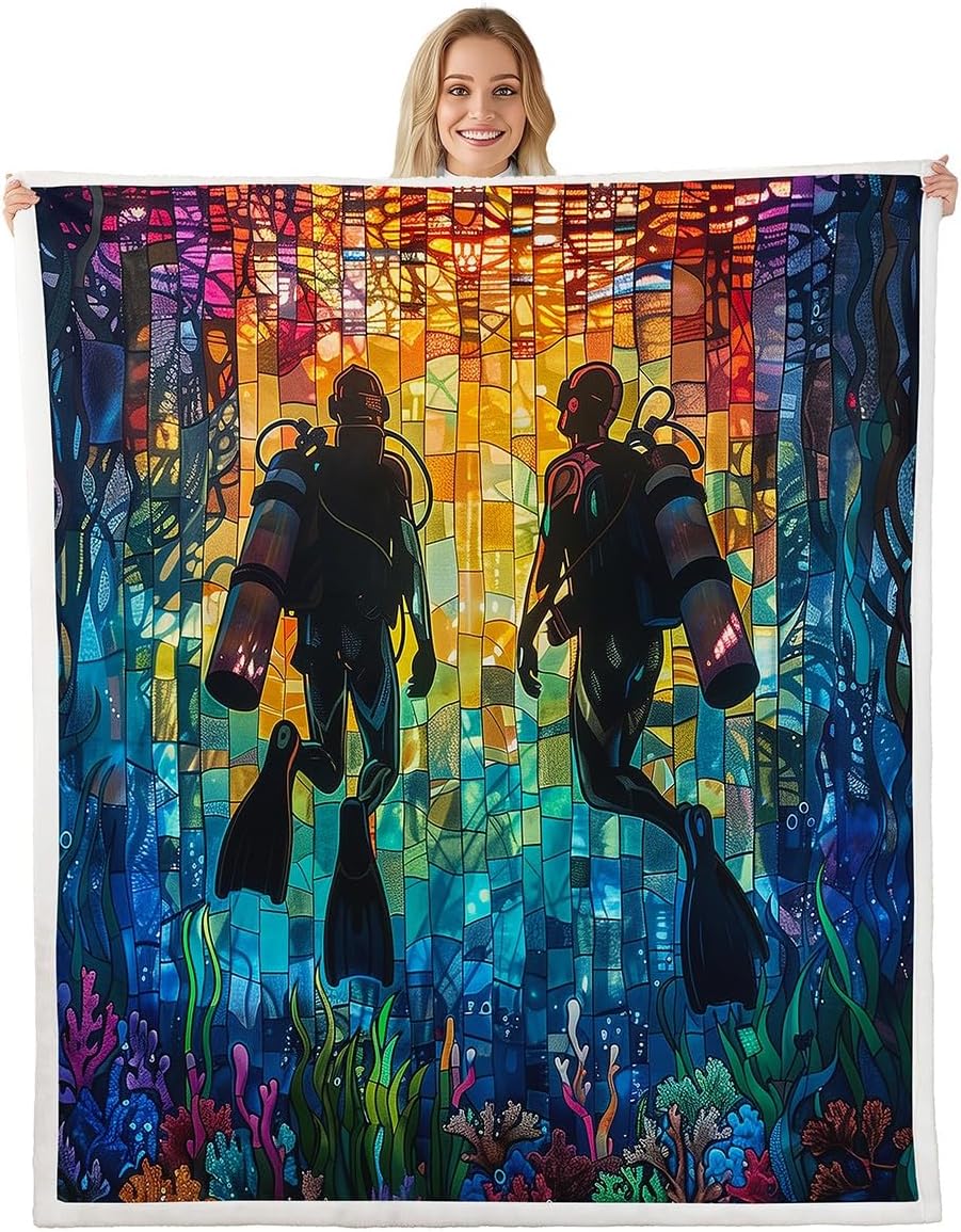 Diving Couples Fleece Blanket,Watercolor Undersea Coral Marine Stained Glass Bed Blanket for Kids Teens,Dreamy Sport Ocean Adventure Flannel Blanket for Room Decor,Queen 90"x90"