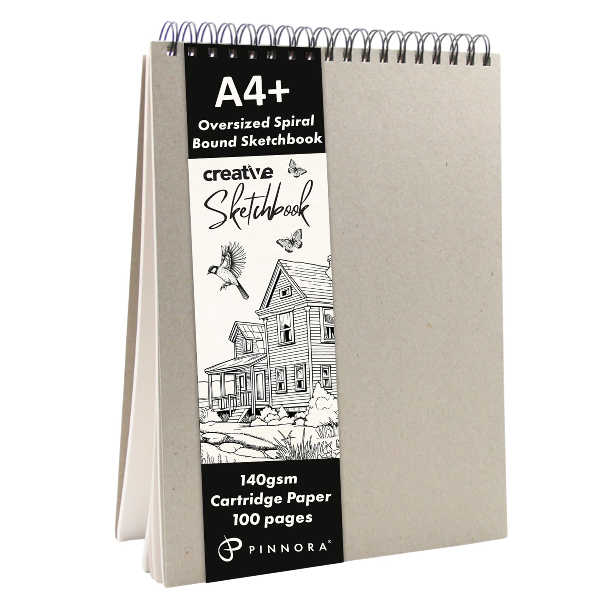 Pinnora A4+ Greyboard Creative A4+ Sketchbook (140Gsm) - Grey Hardcover Sketch Book With Thick Cartridge Paper | Twin-Wire Spiral Bound Sketch Pad, A4+ Drawing Pad For Sketching - Art Book For All Ages (100 Pages)