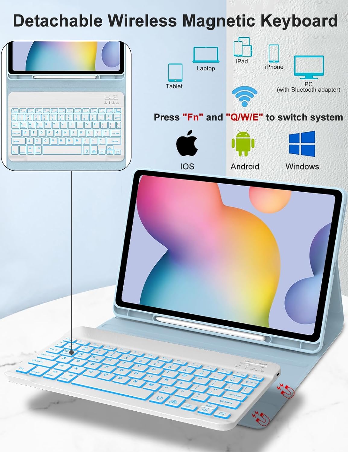 for Samsung Galaxy Tab S10 Lite/ S10 FE/ S9 FE 5G 10.9 Inch/Tab S9 11 Inch Keyboard Case with S Pen Holder, 7 Color Backlit, Magnetic Detachable Wireless Bluetooth Keyboard, Stand Resistant Cover
