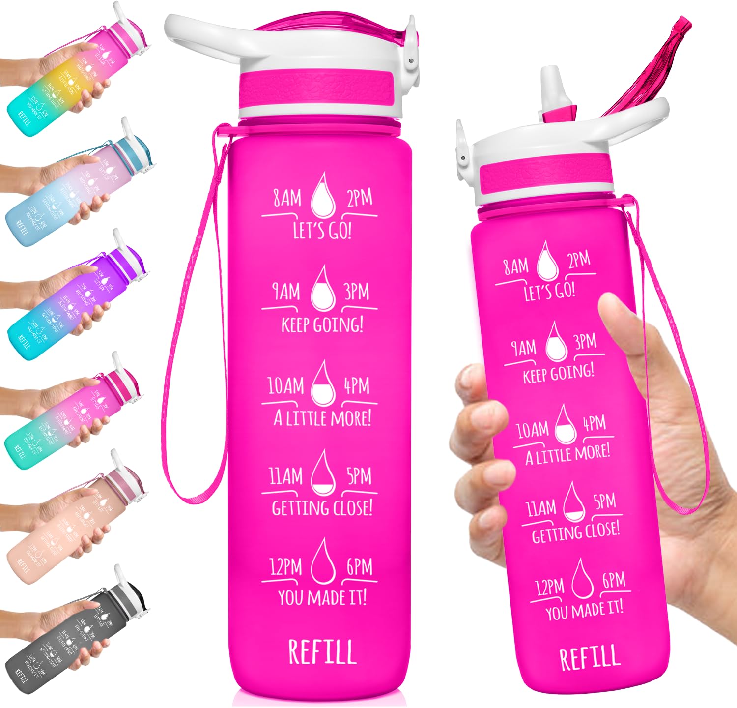 NatureWorks HydroMATE 32 oz Water Bottle with Time Markings Hourly BPA Free Reusable Leak Proof with Straw and Carrying Strap 1 Liter
