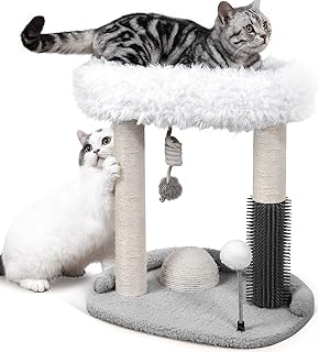 LovIntry 5 in 1 Cat Tree for Indoor Cats, Cat Scratching Post, Cute Cat Scratch Tower, with Large Perch, Cat Self Groomer, and 2 Spring Toy Balls (Grey)