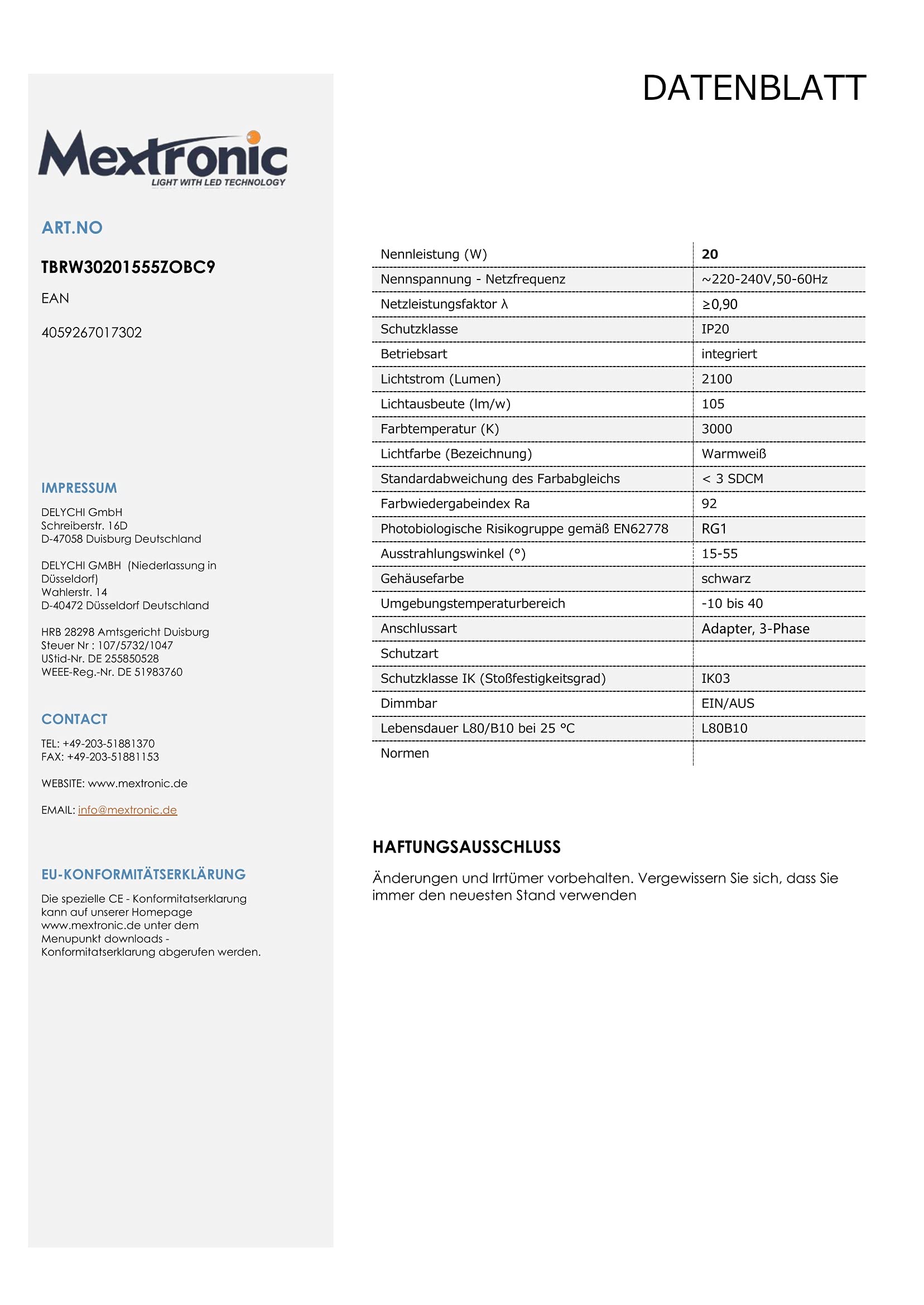 Mextronic 3-Phasen-LED-Panel für Stromschienen LED 3 Phasen Strahl ZOM (B) 20W Warmweiss für Schienensystem