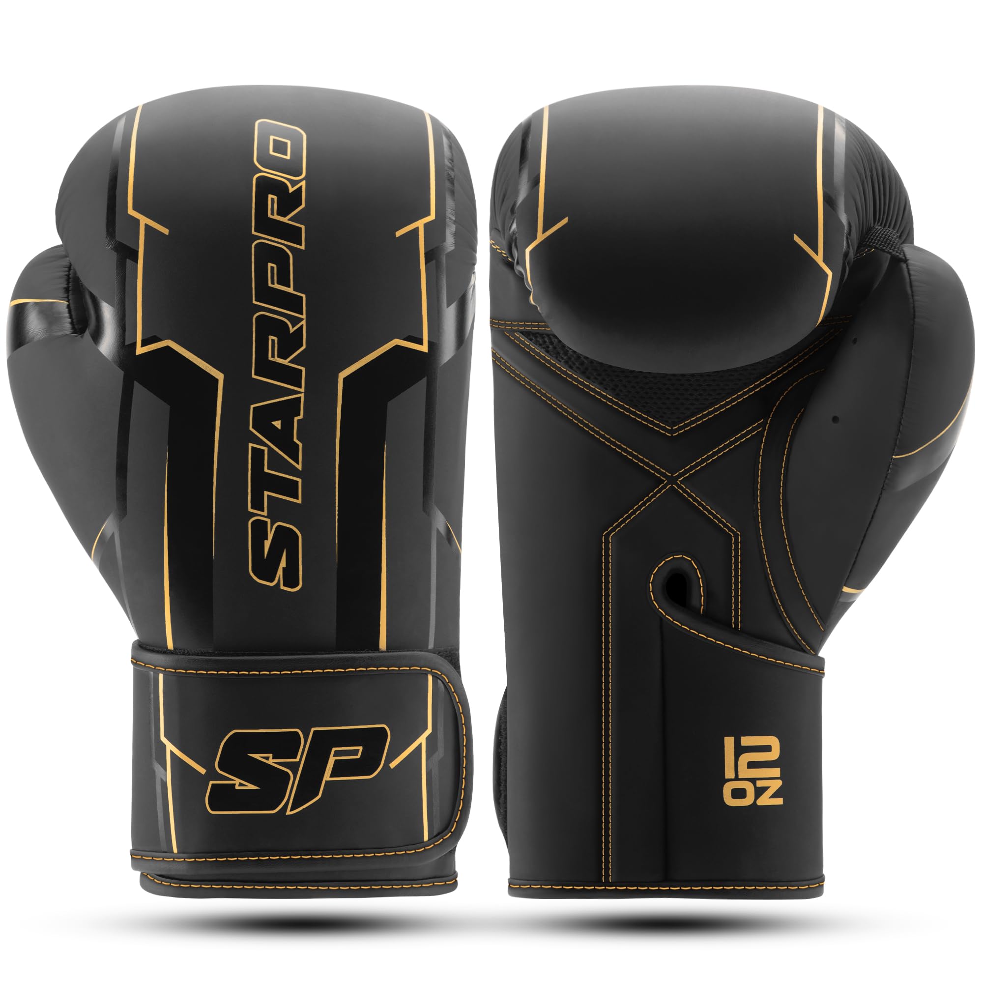 Starpro Boxing Gloves for Men & Women – PU Leather, Wrist Support – Ideal for Sparring & Training – 8oz to 16oz 12oz Matte Black