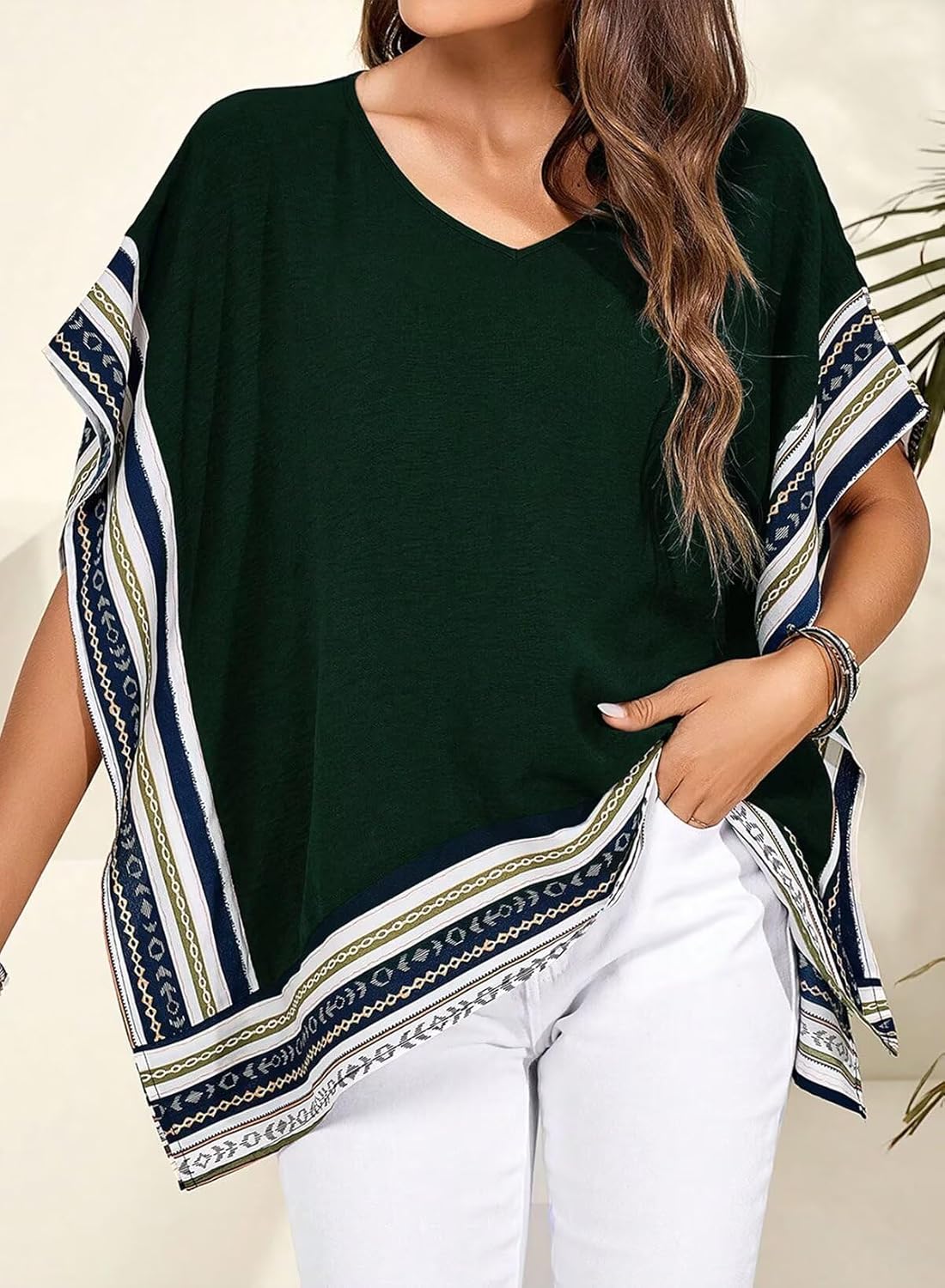 Women's Casual V Neck Floral Tops Batwing Sleeve Blouse Loose Fitting Shirts Boho Flowy Side Slit Tees - Image 5