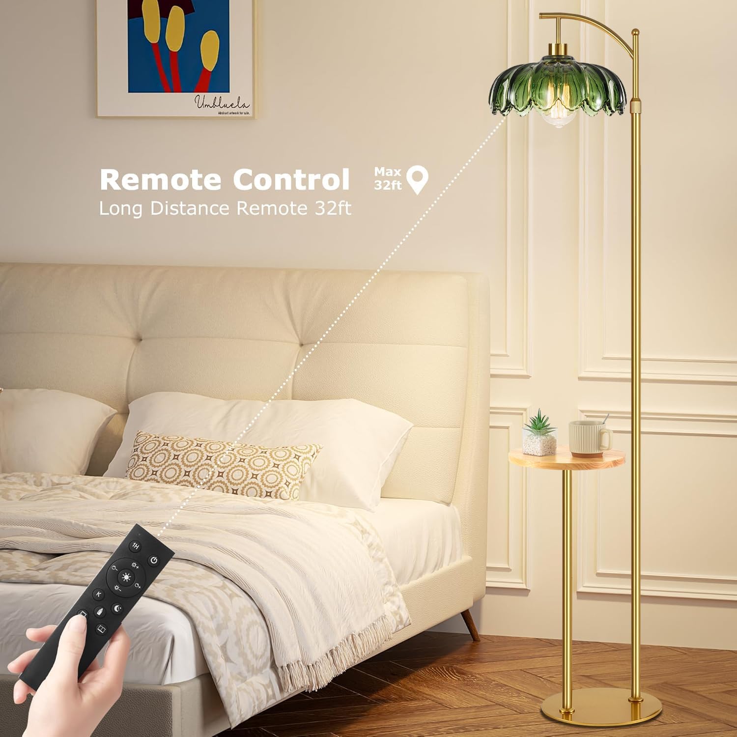 QIYIZM Glass Floor Lamp with Table and Shelves for Living Room Bedroom,Gold Standing Lamp with Remote Dimmable,Boho Brass Tall Lamp Vintage Farmhouse Arc Green Flower Floor Light Bohemian