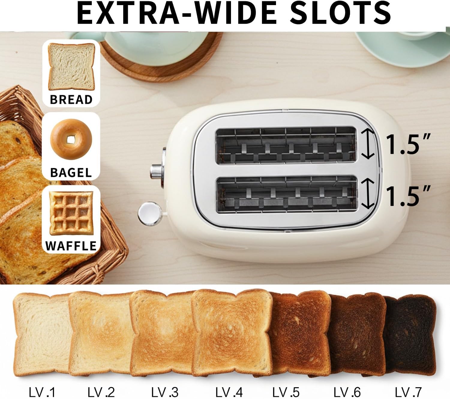 2-Slice Toaster, Wide Slots, 7 Bread Shade Settings, Stainless Steel, Bagel, Cancel, and Defrost Functions, Removable Crumb Tray, Retro Style Toaster,Beige