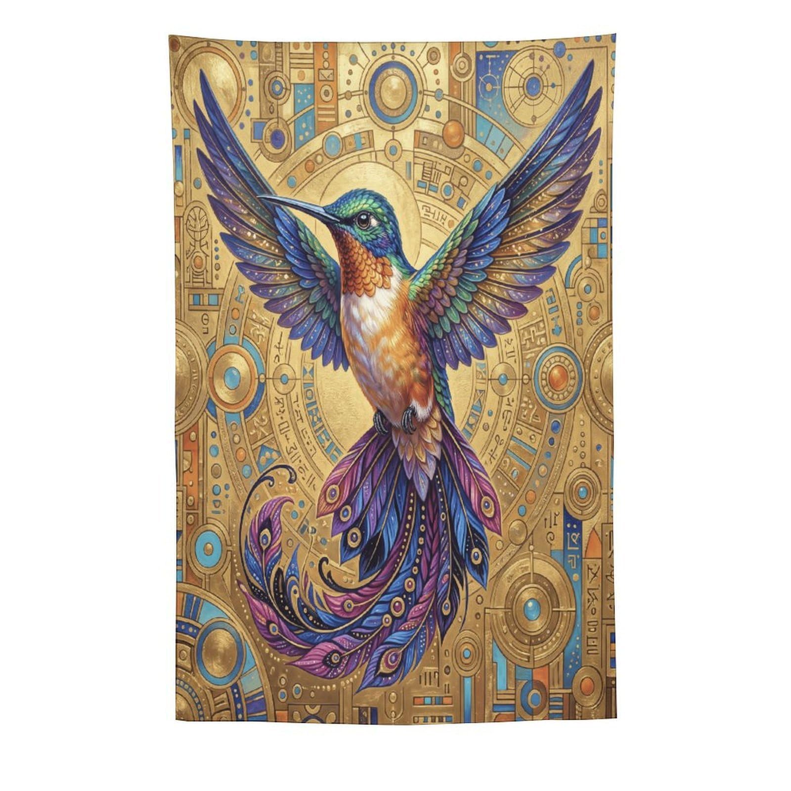 H3B8U2Y5 Ornate Golden Hummingbird Wall Tapestry, Floral Wing Detail
