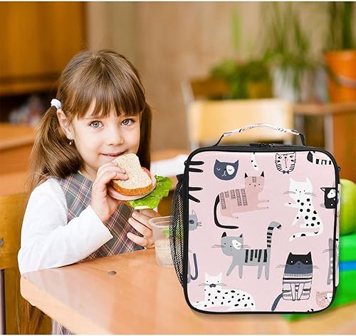 Miniatura 2 de Lonchera con diseño de gato rosa para niños, bolsa de almuerzo aislada con diseño de animales infantiles, bolsa congelable con correa para el
