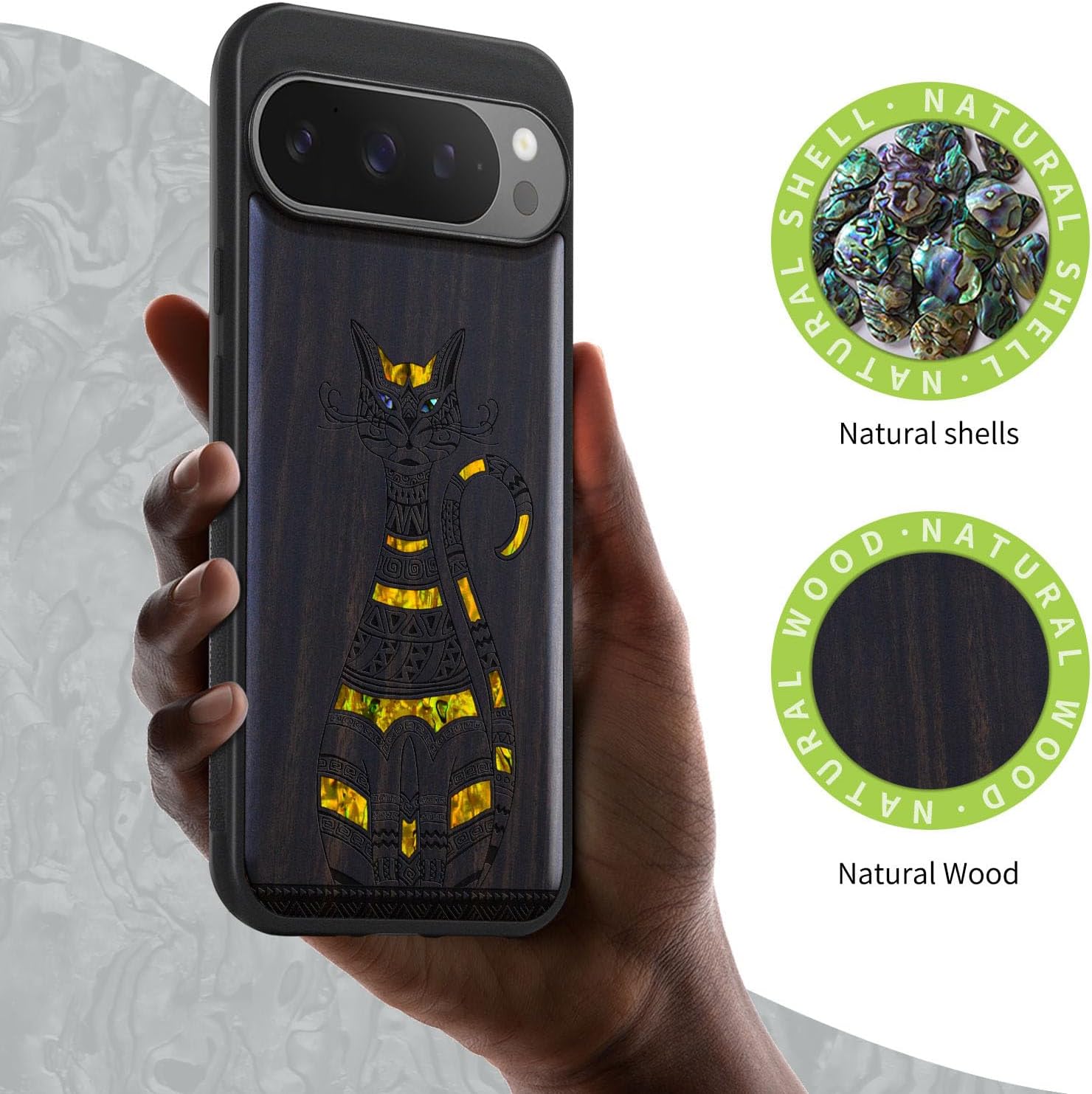 Carveit Magnetic Wooden Case for Google Pixel 9 Pro XL Case, Wood Artisan Engraved & Handmade Shell Inlaid, Compatible with MagSafe Wireless Chargers, Tribal Cat Art - Blackwood
