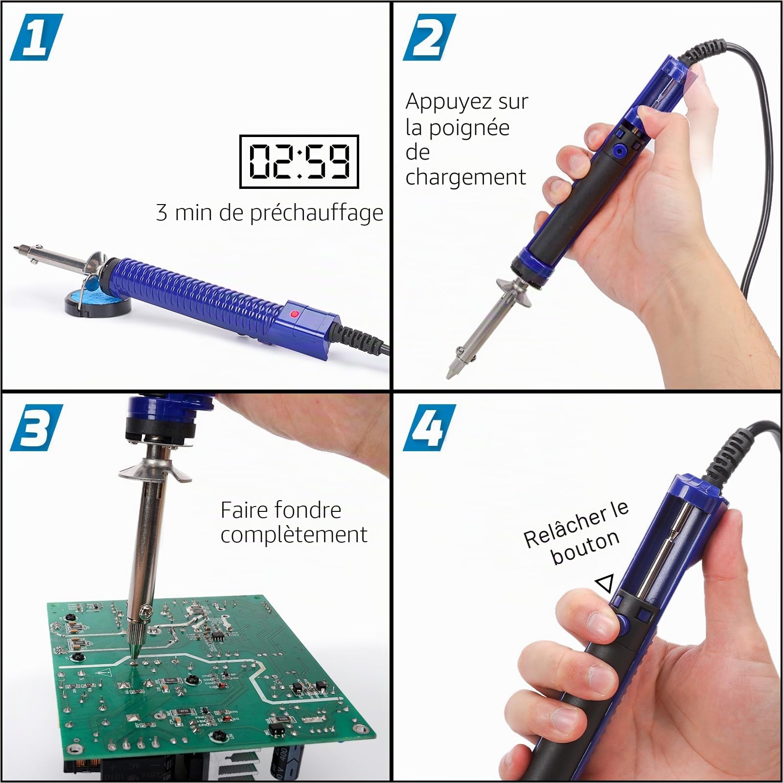 WEP 929D-V 2 EN 1 kit de soudage et dessoudage avec pompe a dessouder électrique, 5 buses 0,8/1,0/1,2/1,5 mm, support, éponge, broche de nettoyage pour dessoudage, pompe à dessouder intégrée (EU)