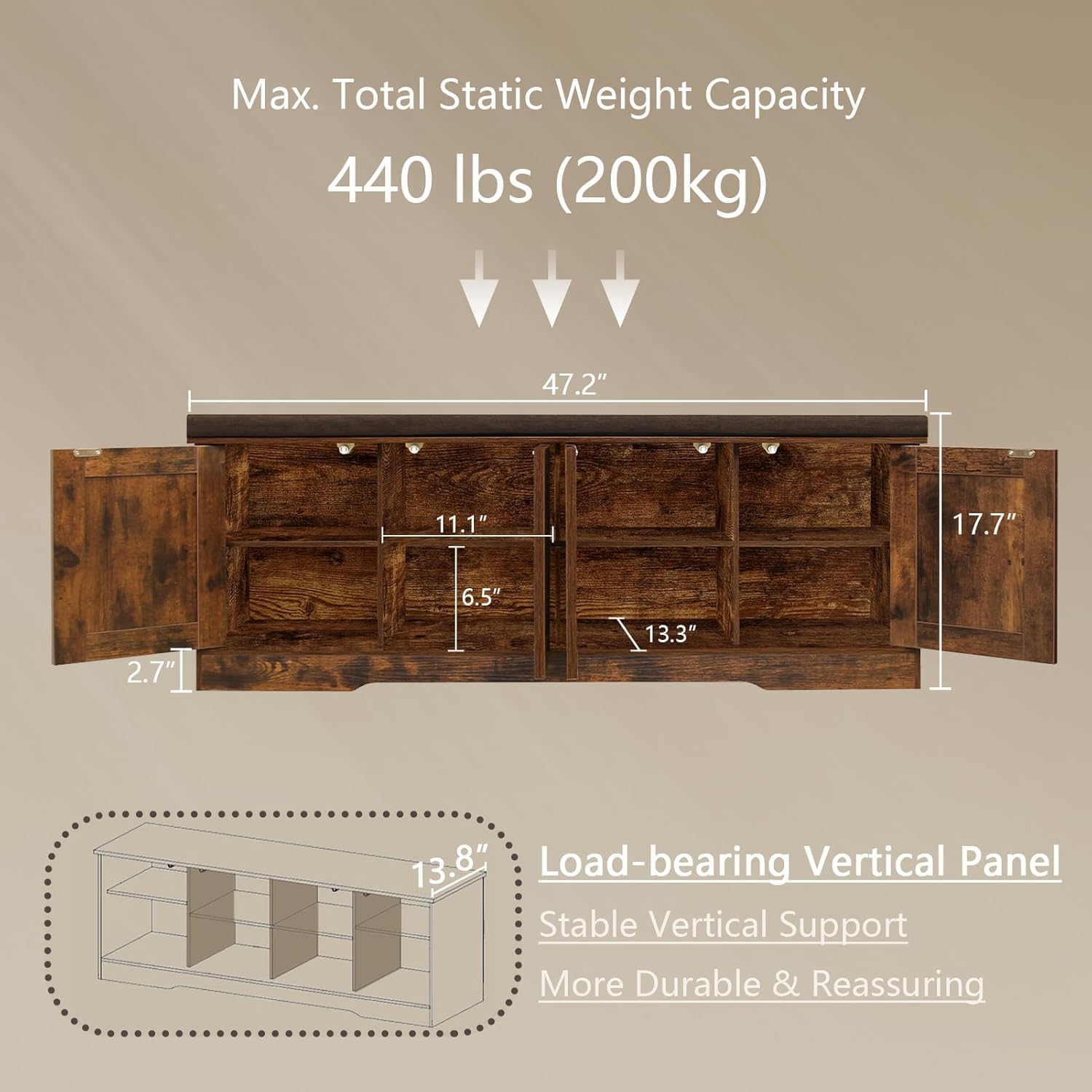 dinzi lvj shoe bench, entryway storage bench with doors, cushion, 2-tier shoe rack with 8-cubby, 47.2”l x 13.8”w shoe organizer cabinet, adjustable shelf, living room, bedroom, rustic brown rustic brown 47.2”l x 13.8”w x 17.7”h