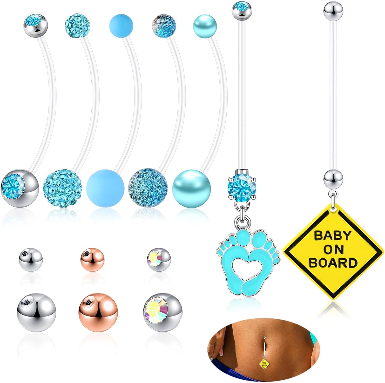 12pcs Pregnancy Belly Button Ring 14G 1.6MM Flexible Clear Acrylic Personalized Dangle Belly Piercing Pregnancy Maternity Belly Rings Length 38mm