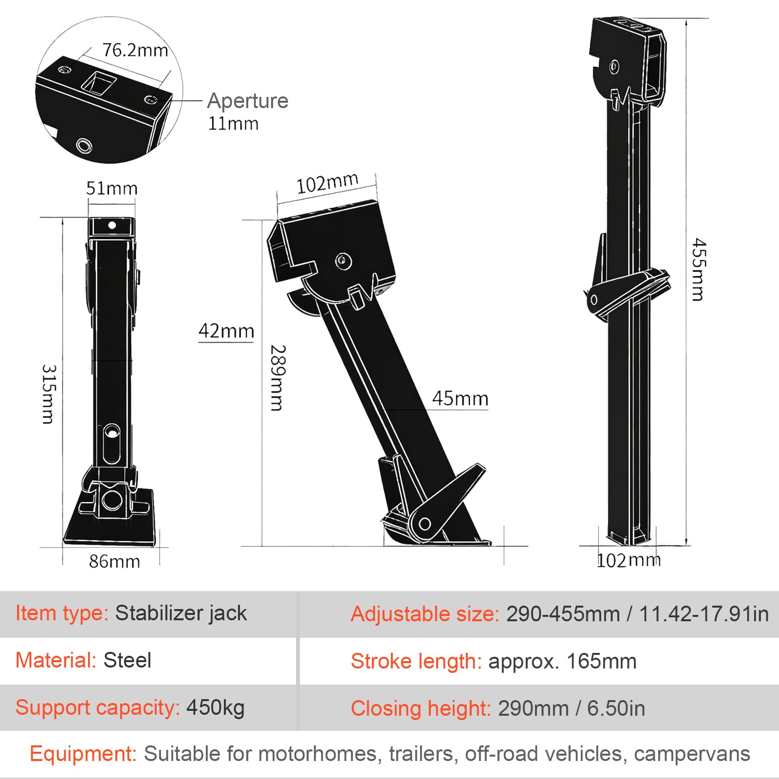 Vérin Stabilisateur Caravane, Lot de 2 Stabilisateurs de Remorque, Support de Stabilisation Charge 450kg (992 lbs), Réglable 290-455mm, pour Camping-Car, Caravane, Véhicule Tout Terrain