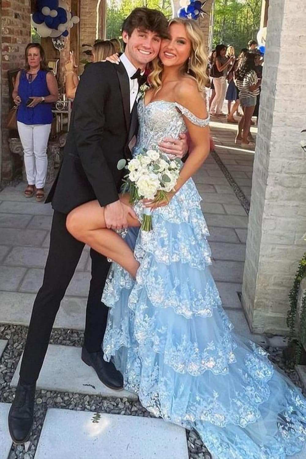 Fanciest Women's Sparkly Off Shoulder Lace Appliques Prom Dresses 2025 Long Slit Formal Dress Ball Gown Tiered Evening Gowns