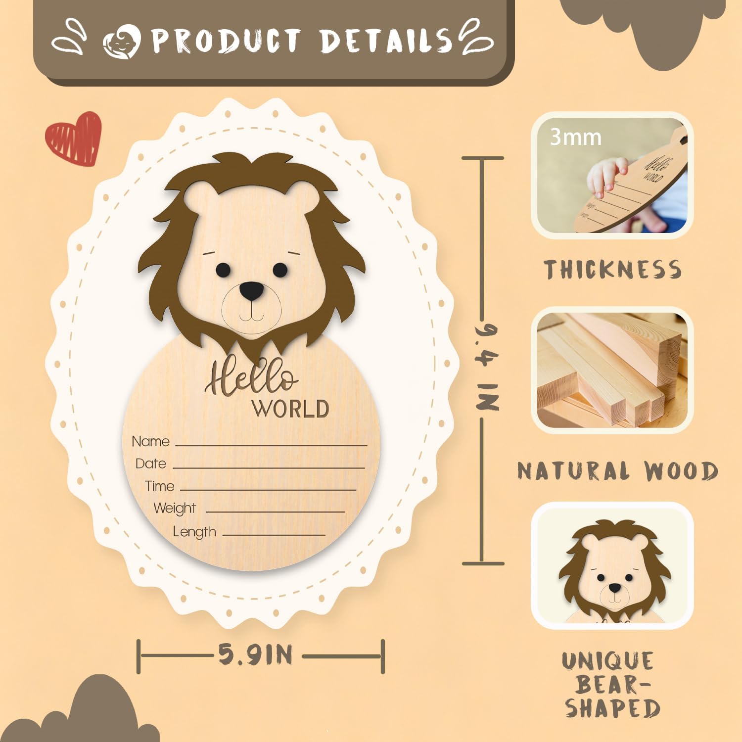 Hello World Wooden Baby Newborn Birth Announcement Sign, Baby Announcement Sign for Hospital, Newborn Photography Props for Nursery, Bear Shape Welcome Sign for New Mom Boys Girls (Lion)