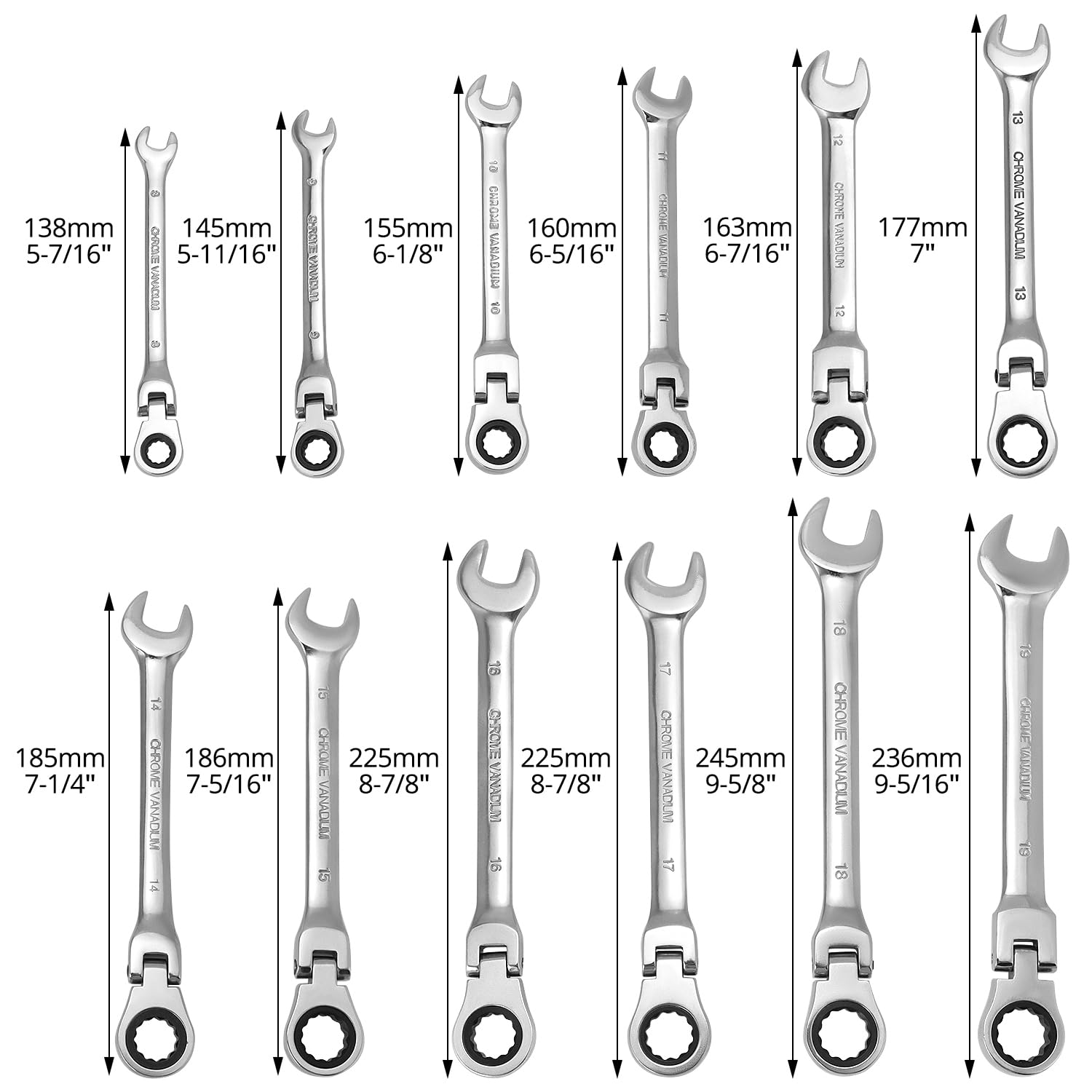 QWORK® 12 Pezzi Chiavi a Cricchetto Set, Chiavi a Cricchetto 8-19 mm con Testa Regolabile, Chiave a Cricchetto con 72 Denti, Chiave Combinata in Acciaio al Cromo Vanadio